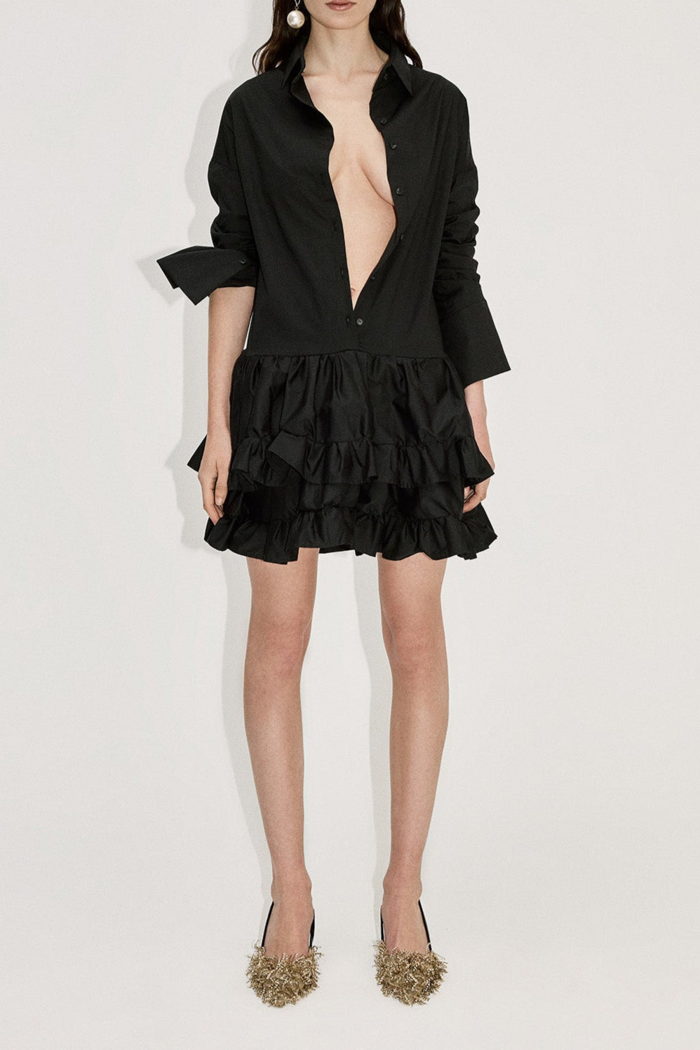 RUFFLE LAYERED SHIRT DRESS in BLACK