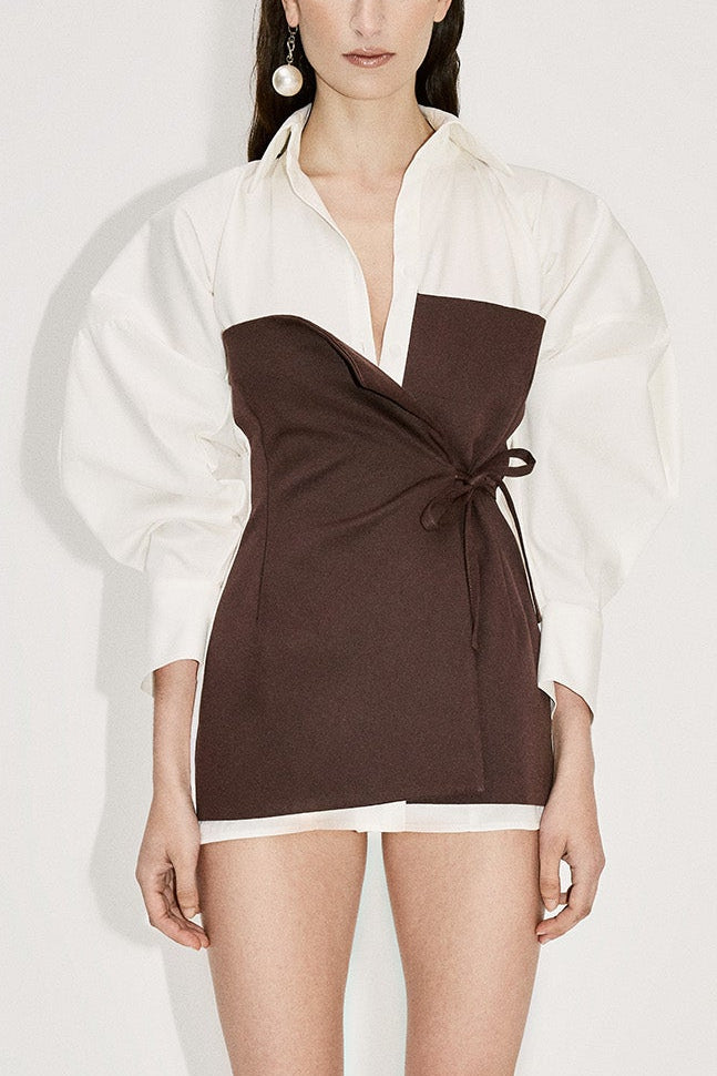 VOLUME SLEEVE DECONSTRUCTED WRAP SHIRT DRESS