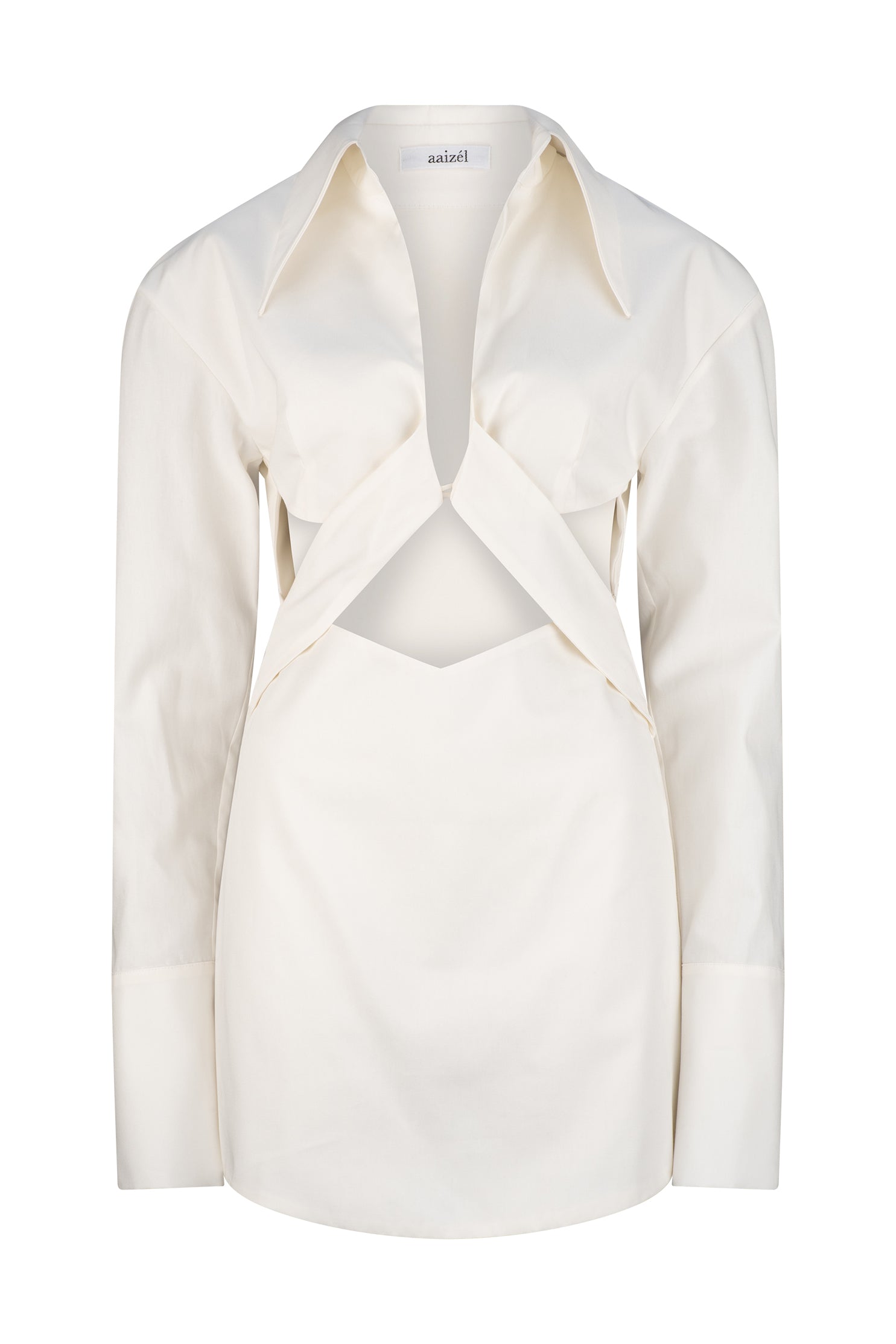 Flat lay of ivory shirt mini dress with geometric cutouts, dramatic collar and v-neck line. Singular button front, and side zip closure.