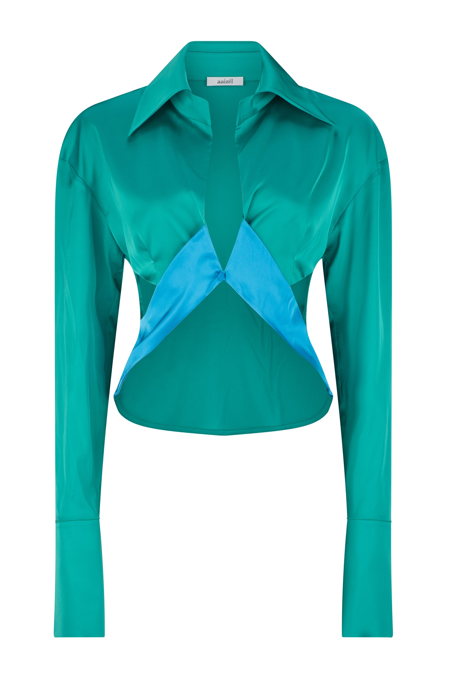 Green and blue long sleeve, singular button down, cropped shirt. Deep v neck, side cut out details, and exaggerated collar. Perfect for holidays/vacation.