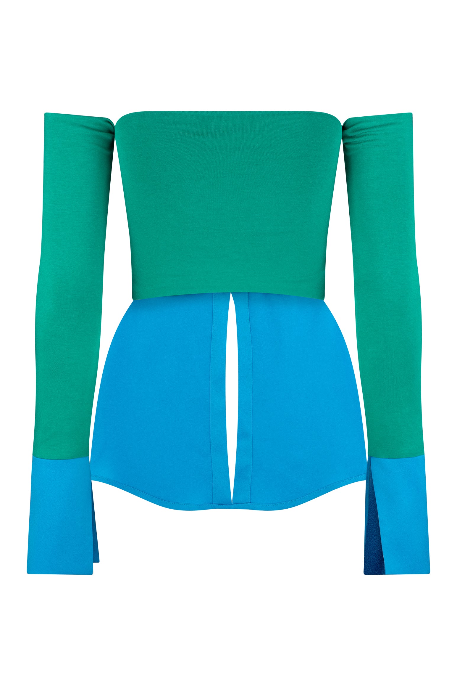 Green off shoulder long sleeve crop top with blue hem and collars inspired by traditional shirting.
