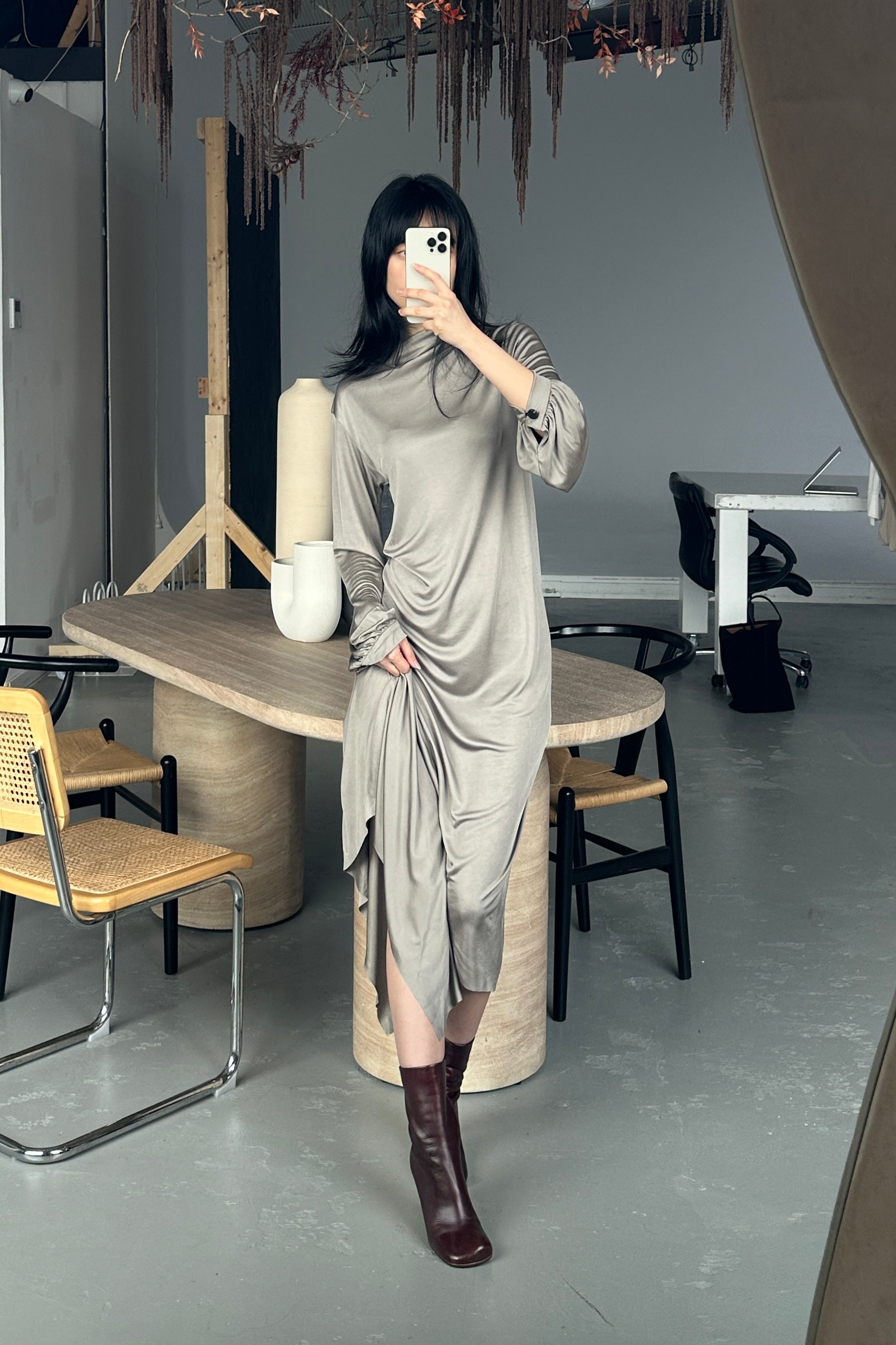 ANYA DRAPED BELL SLEEVE LONG DRESS in PEWTER