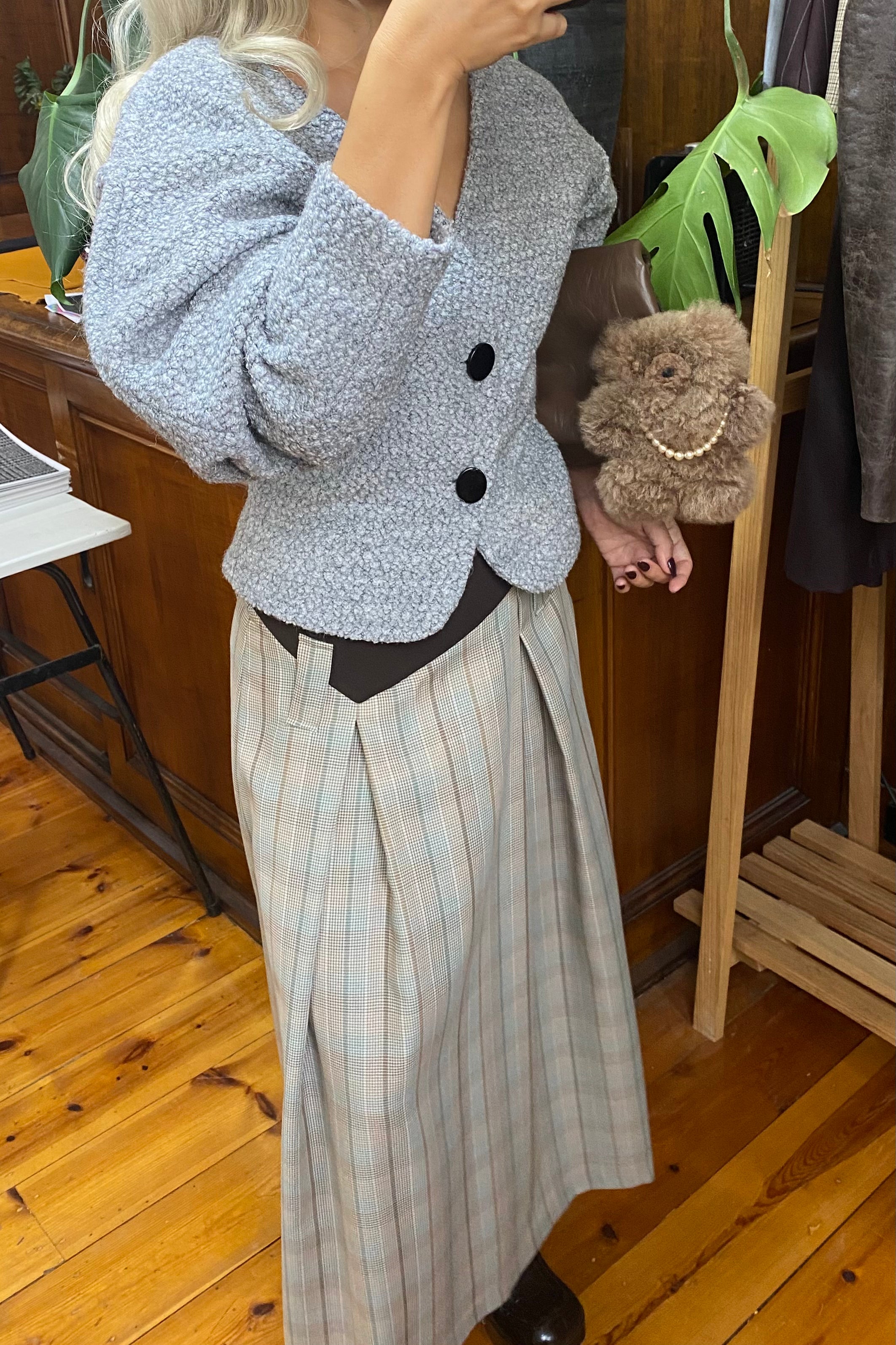 TAILORED ANGLED WAIST LONG SKIRT in BROWN/SAGE PLAID