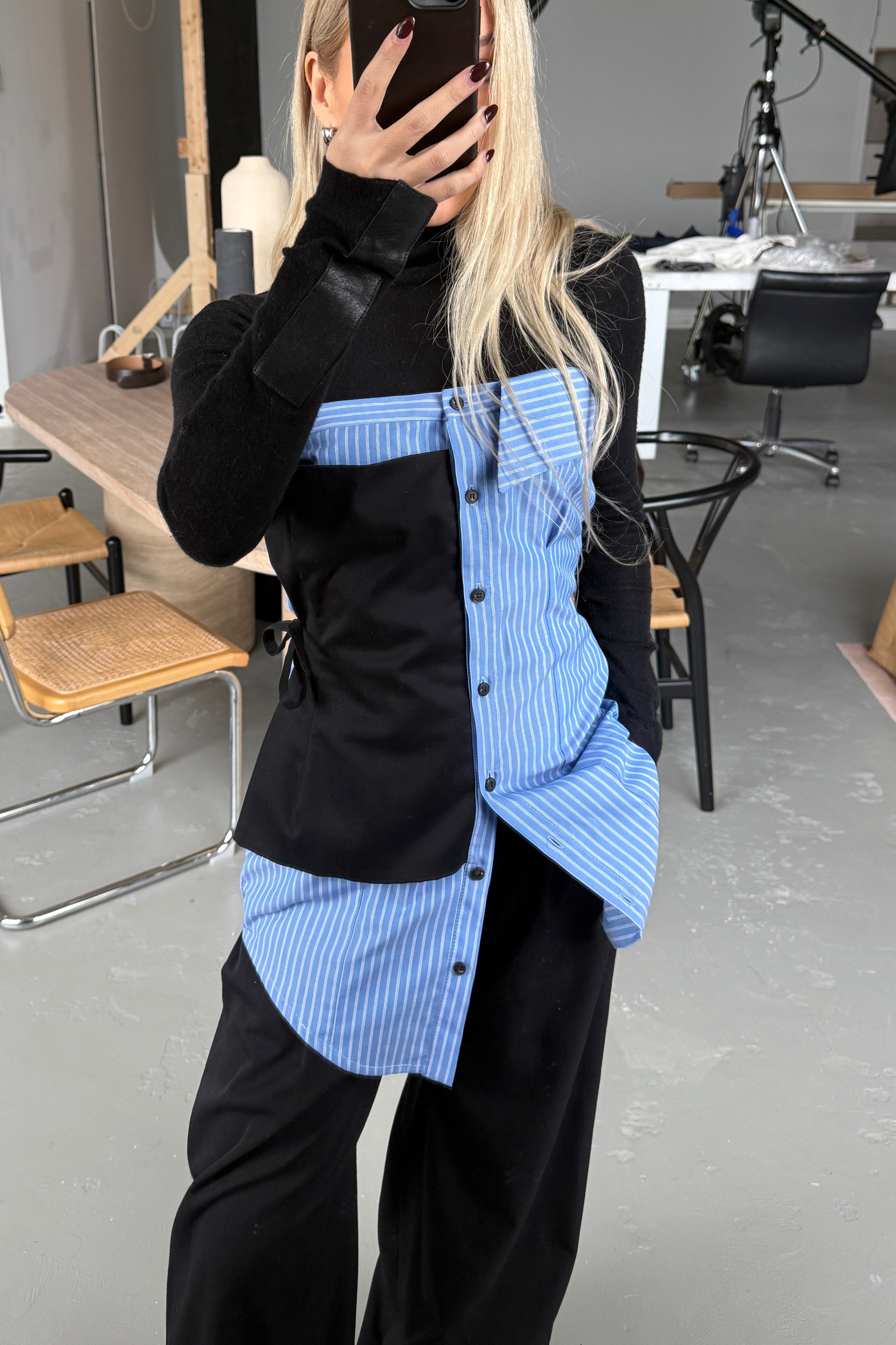 DECONSTRUCTED WRAP SHIRT TOP in BLUE STRIPE/BLACK
