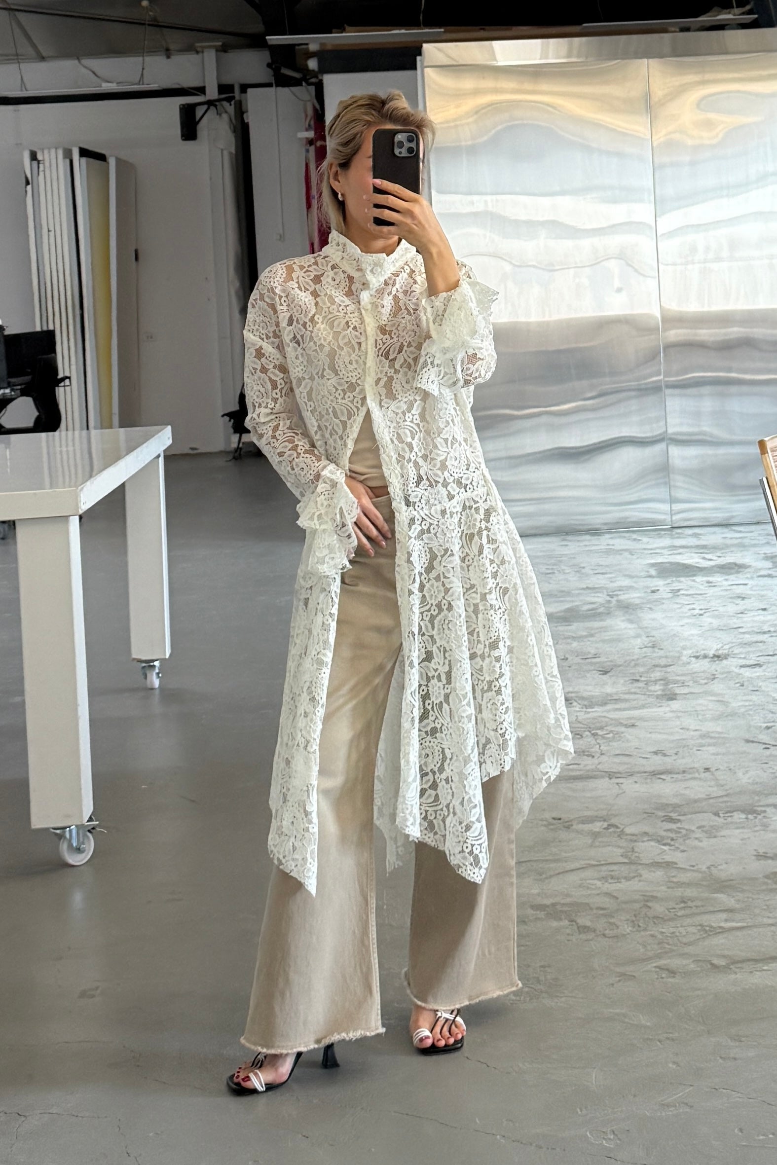 LACE HANDKERCHIEF HEM WRAP COAT WITH SASH