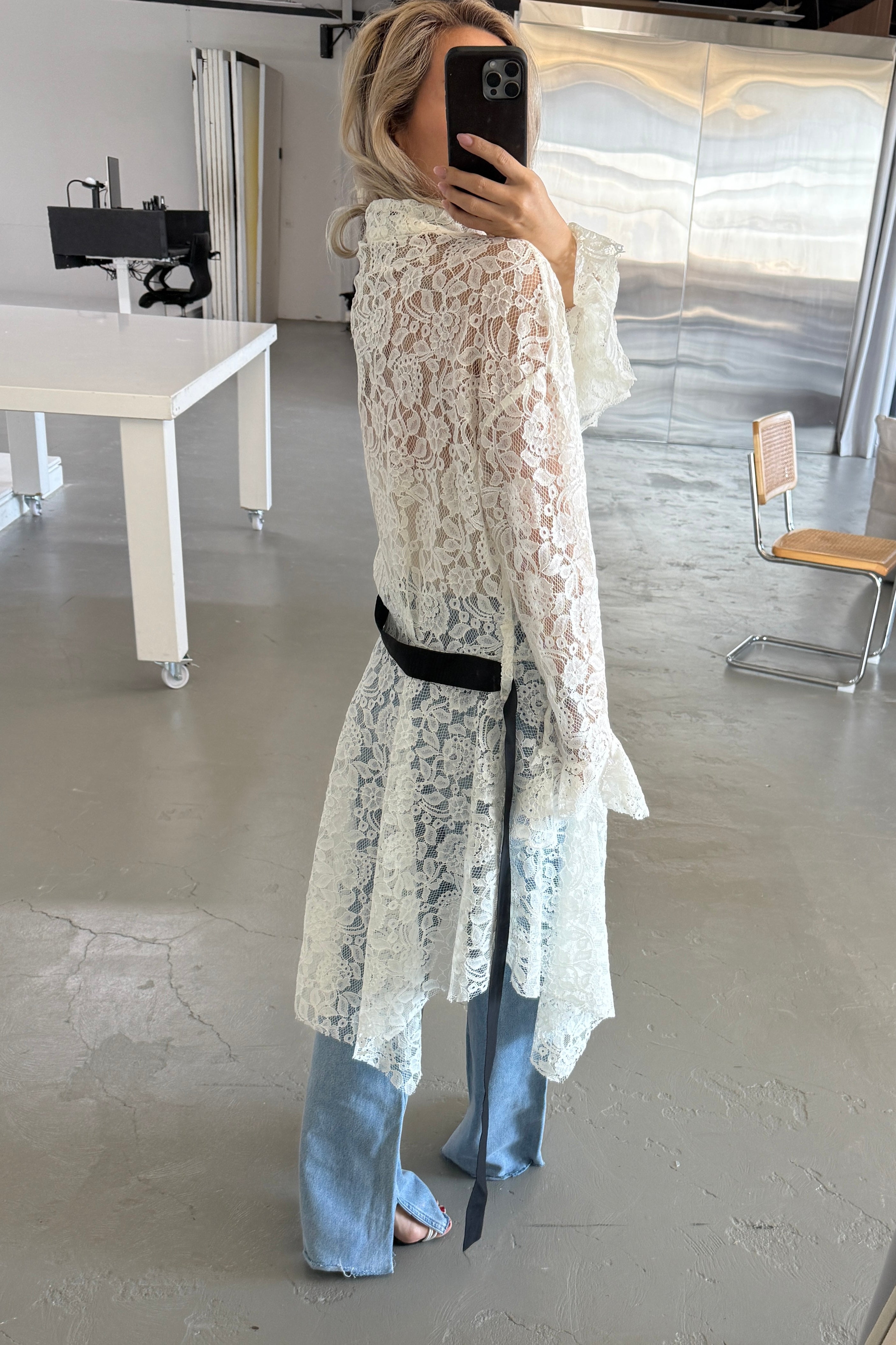 LACE HANDKERCHIEF HEM WRAP COAT WITH SASH