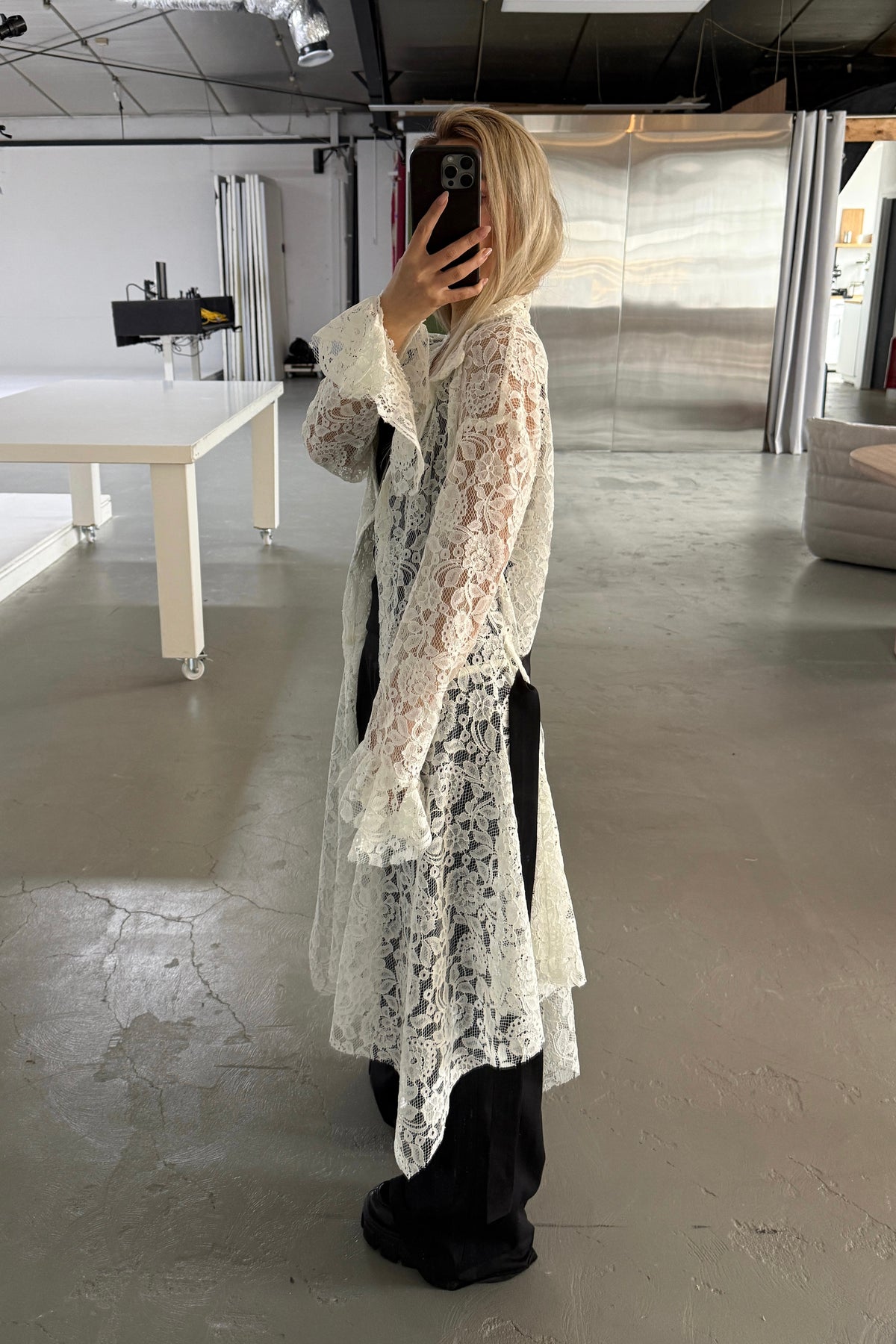 LACE HANDKERCHIEF HEM WRAP COAT WITH SASH