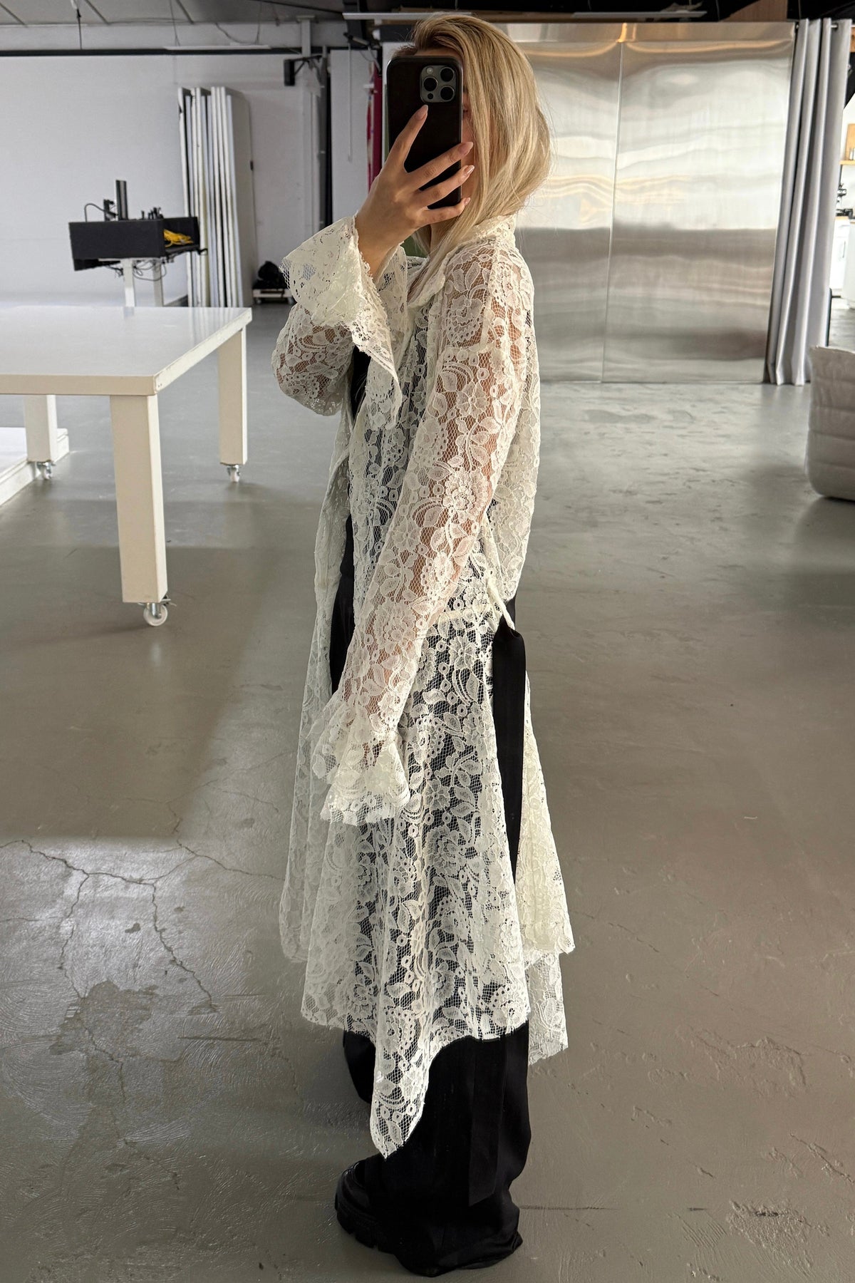 LACE HANDKERCHIEF HEM WRAP COAT WITH SASH