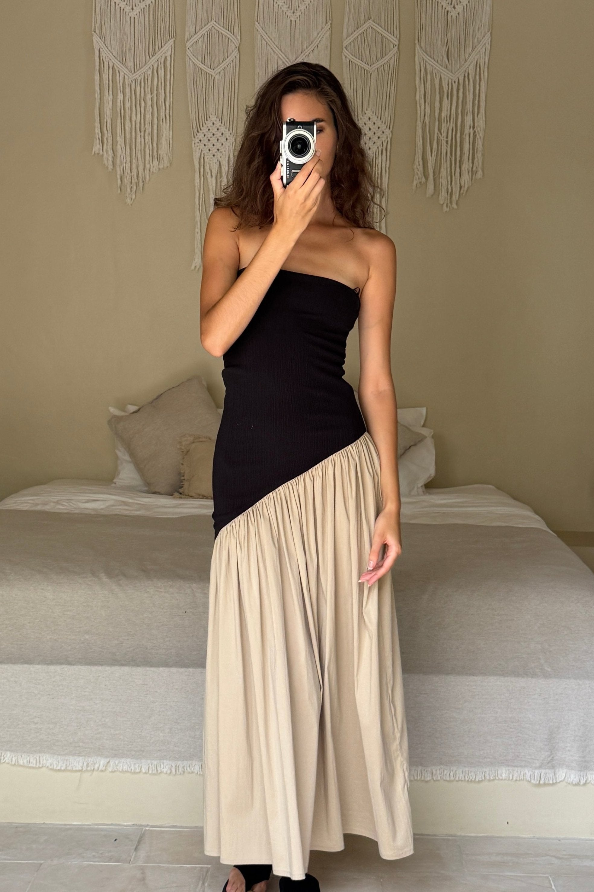 ASYMMETRIC TWO TONE GATHER DRESS