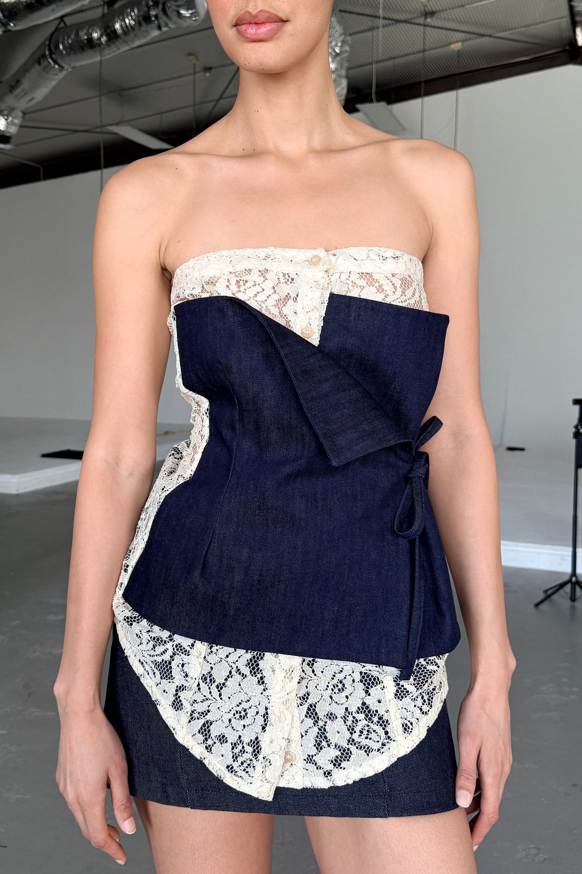 LACE DENIM WRAP CORSET TOP in INDIGO/CREAM