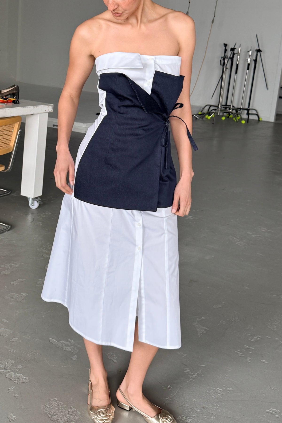 DECONSTRUCTED WRAP CORSET DRESS in INDIGO/WHITE