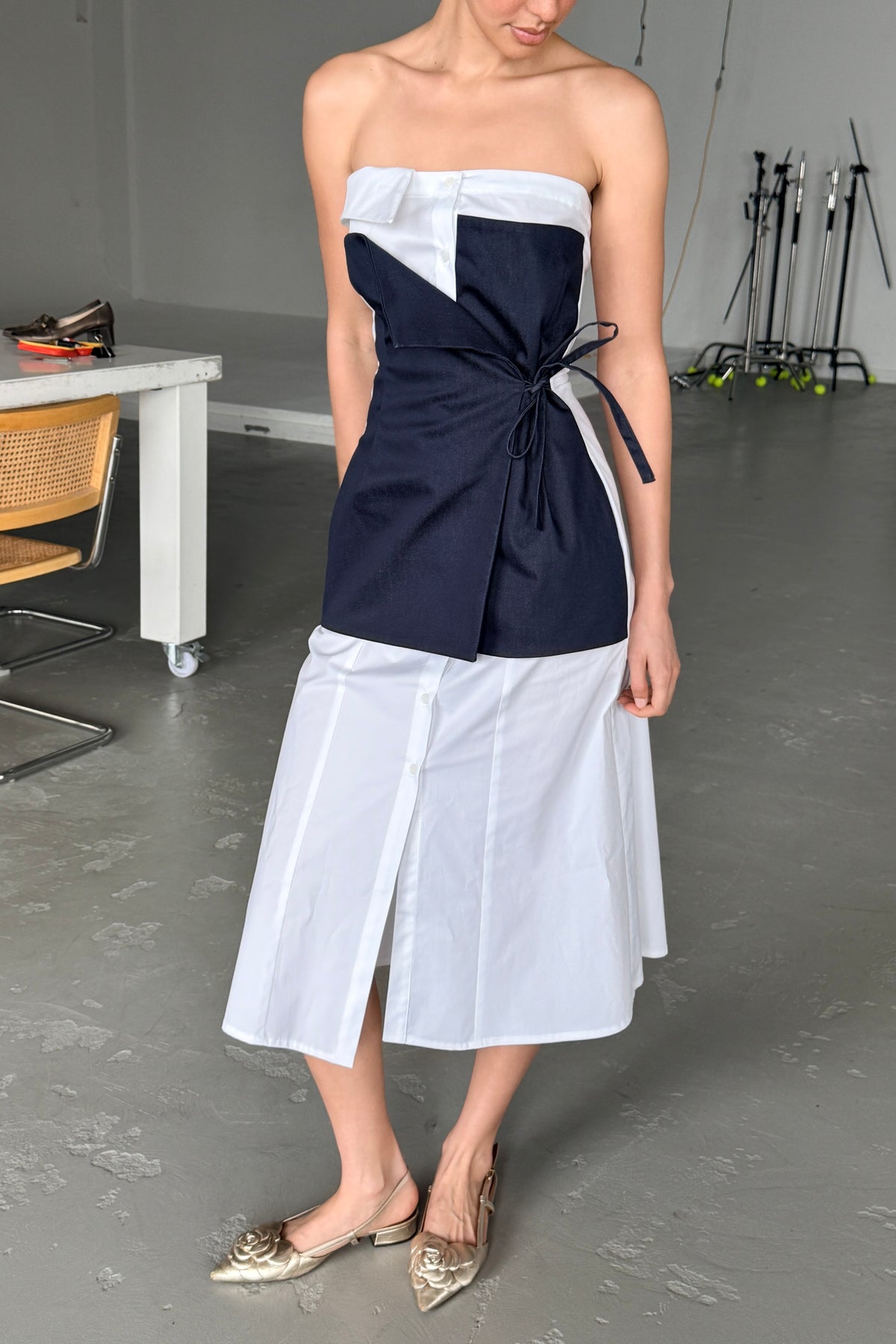 DECONSTRUCTED WRAP CORSET DRESS in INDIGO/WHITE