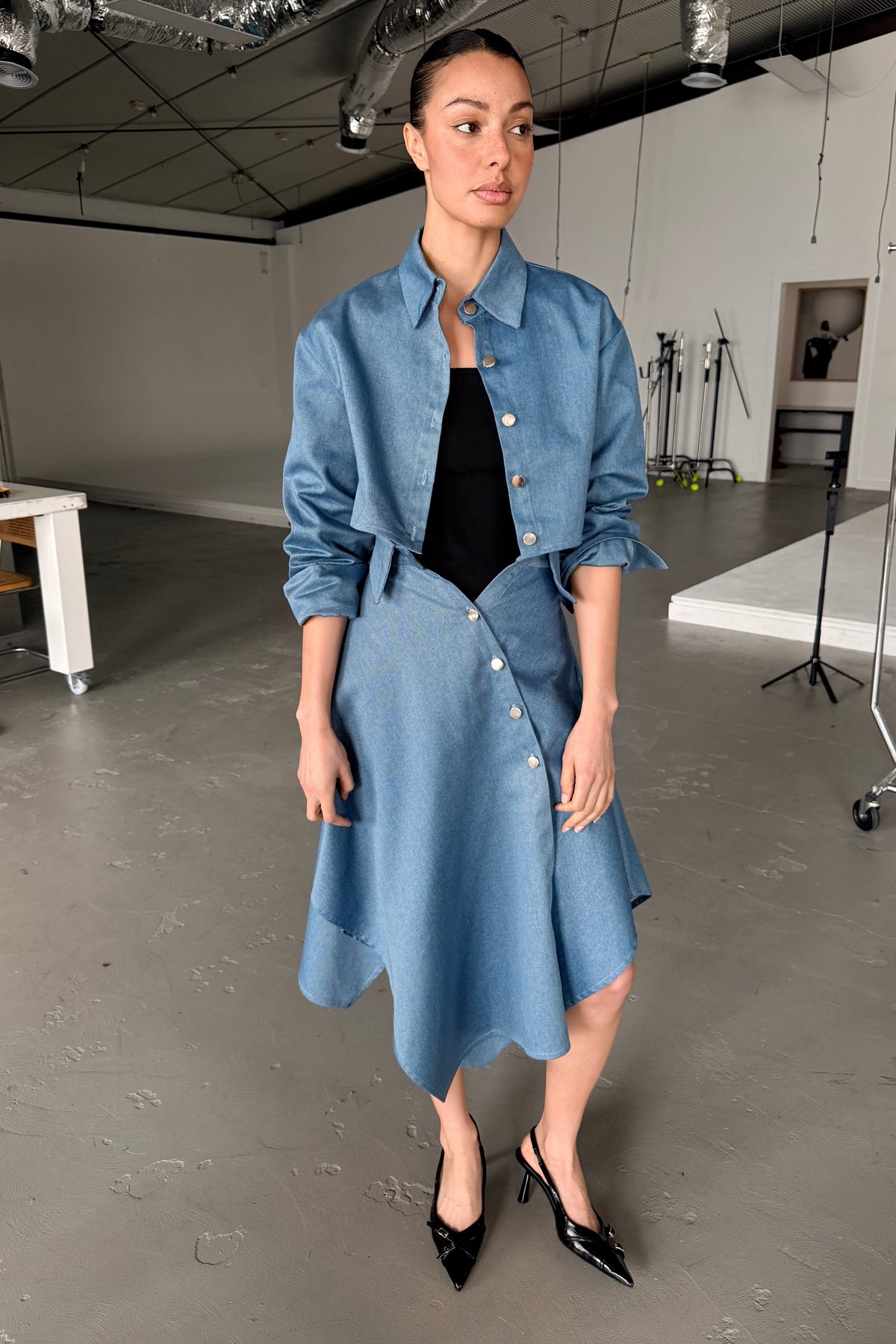 DENIM DECONSTRUCTED HANDKERCHIEF HEM SKIRT in VINTAGE BLUE