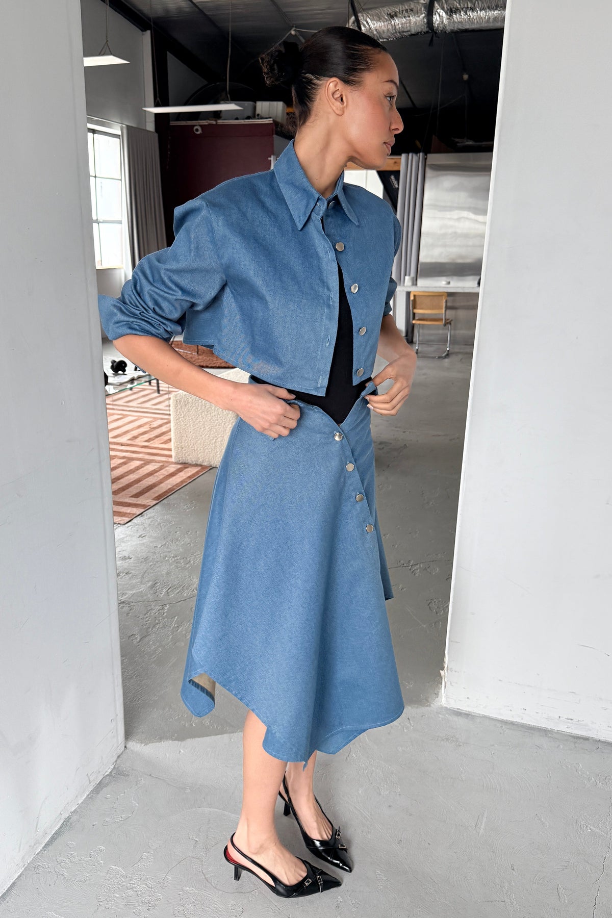 DENIM DECONSTRUCTED HANDKERCHIEF HEM SKIRT in VINTAGE BLUE