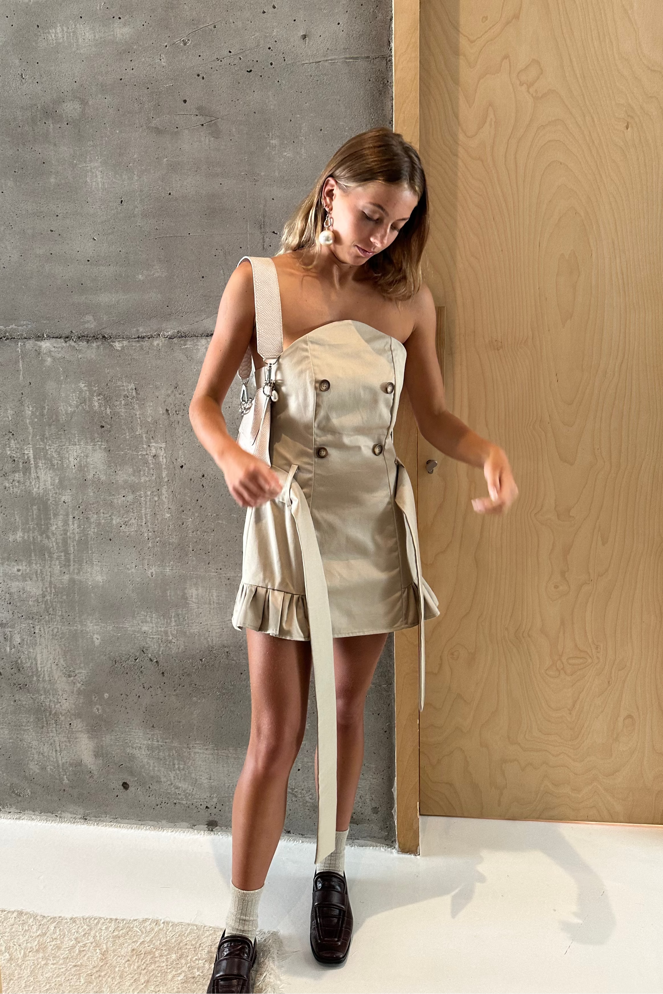 TAILORED RUFFLE MINI DRESS WITH SASH in SAND