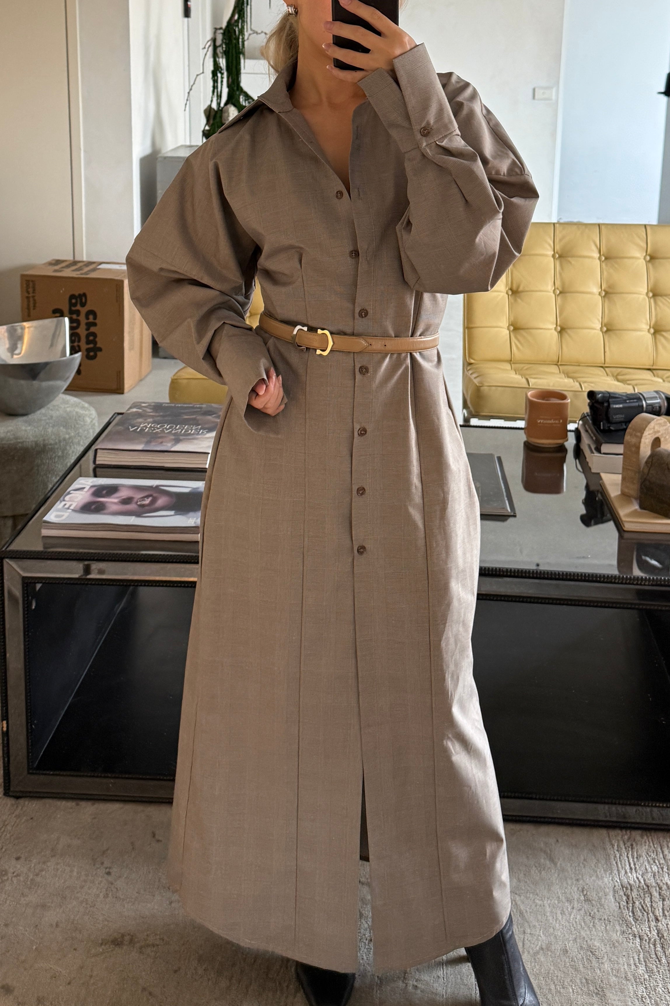 VOLUME SLEEVE MAXI SHIRT DRESS in TAUPE