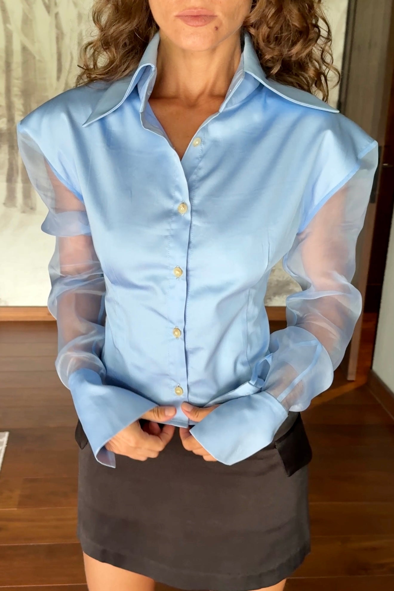 Blue button down shirt with silk organza sheer sleeves. Styled buttoned up with a black mini skirt. Perfect for the office or summer outings.