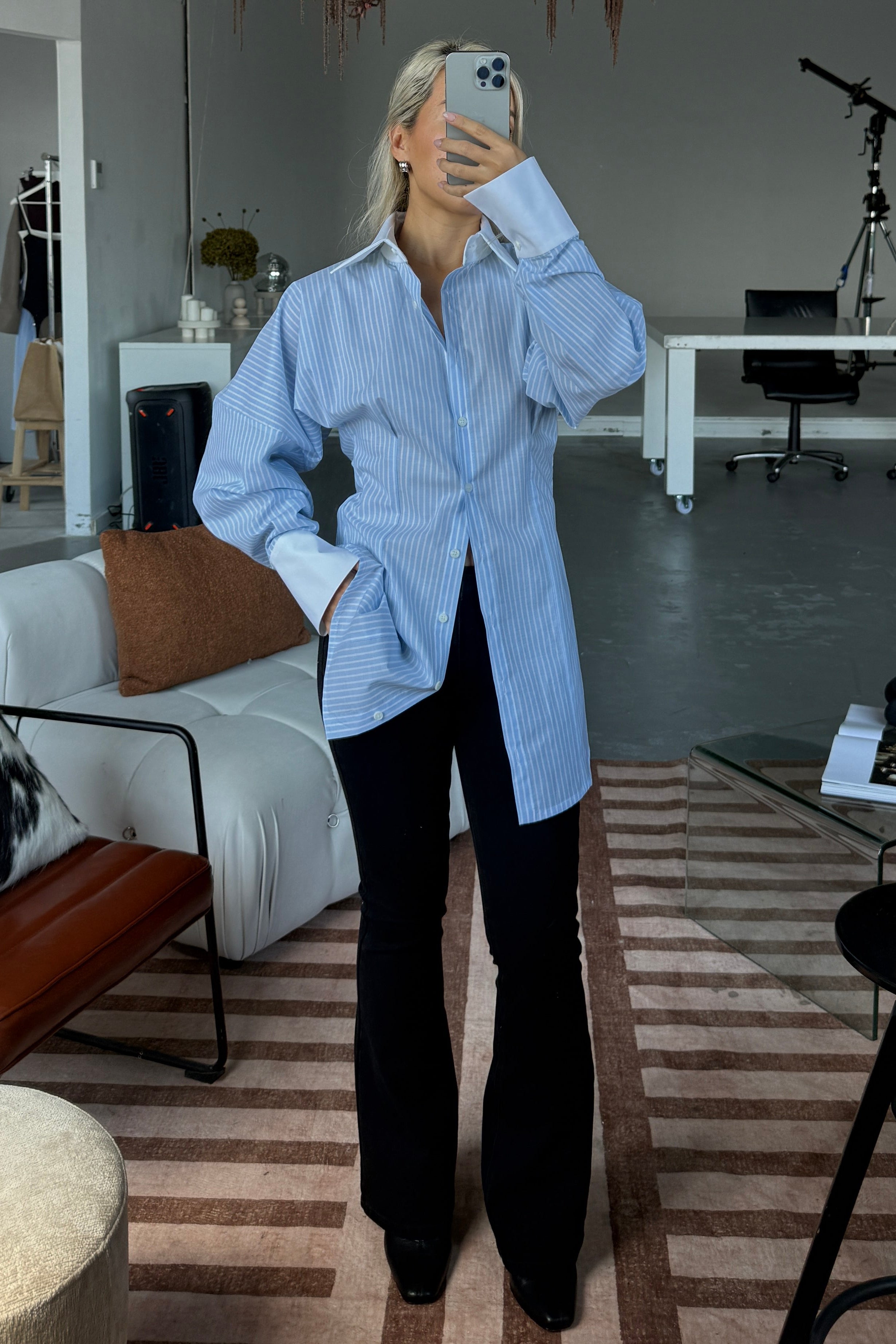 VOLUME SLEEVE SHIRT DRESS in BABY BLUE STRIPE