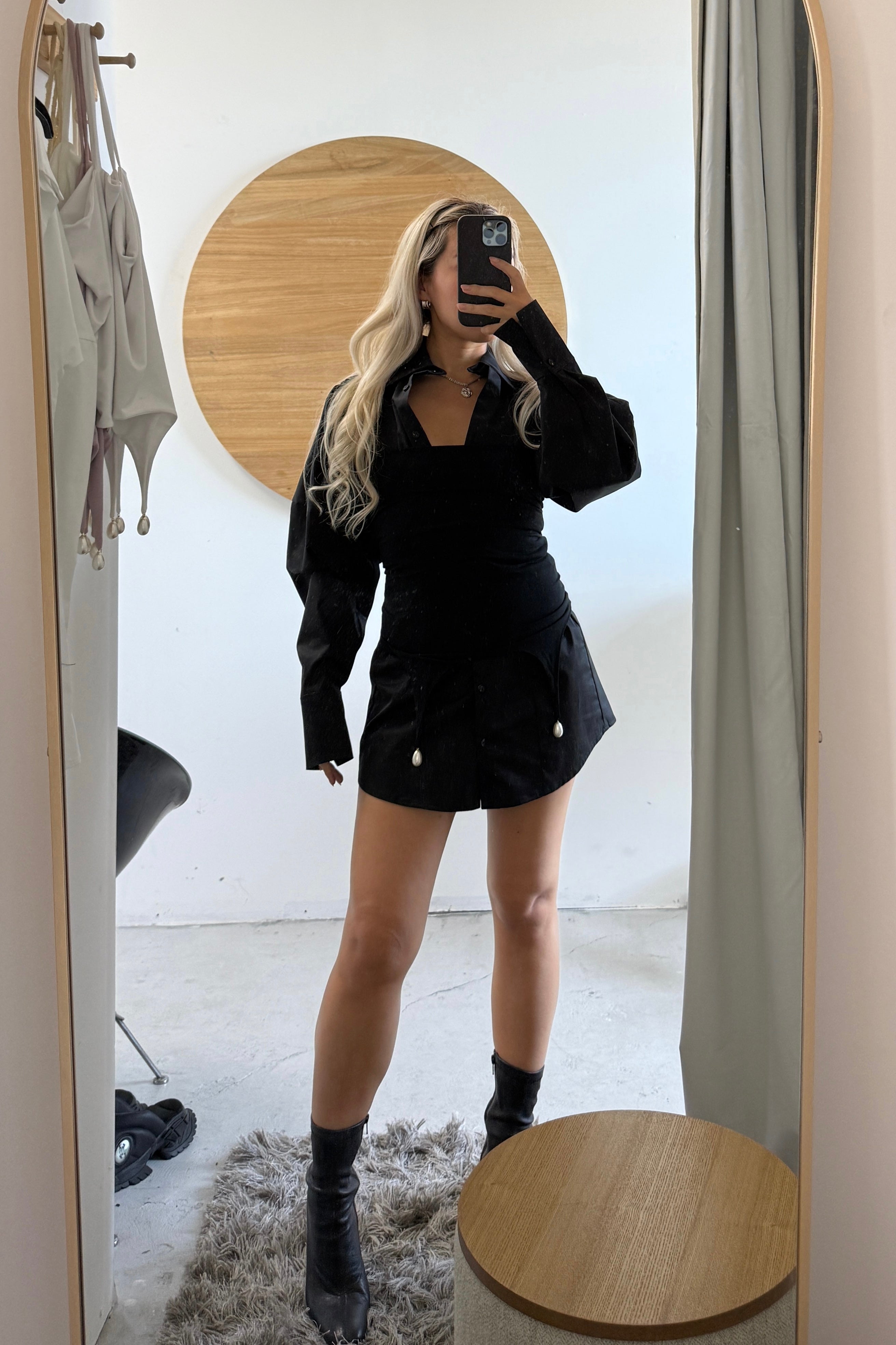 VOLUME SLEEVE SHIRT DRESS in BLACK