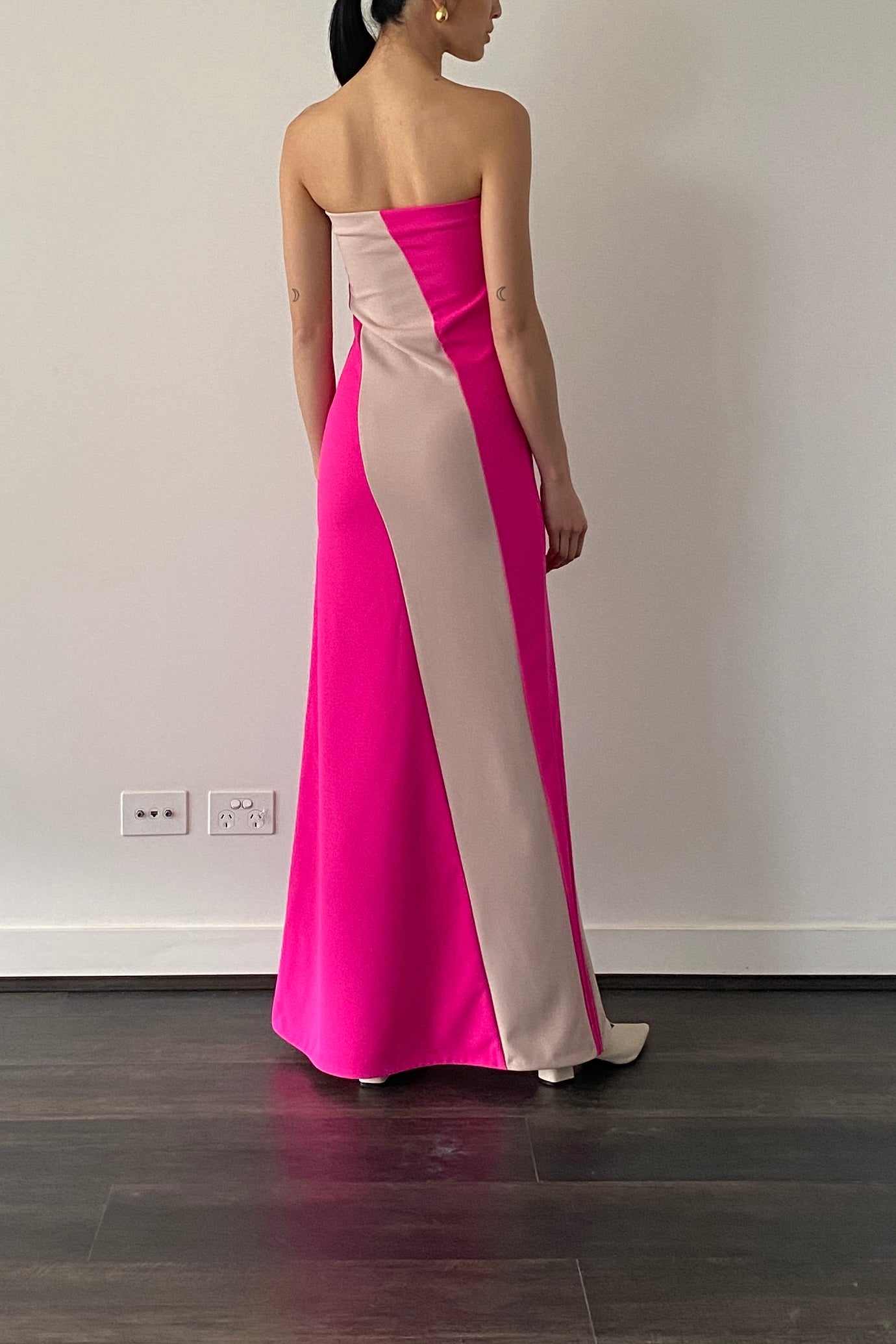 DIAGONAL TWO TONE MAXI DRESS in HOT PINK/BLUSH