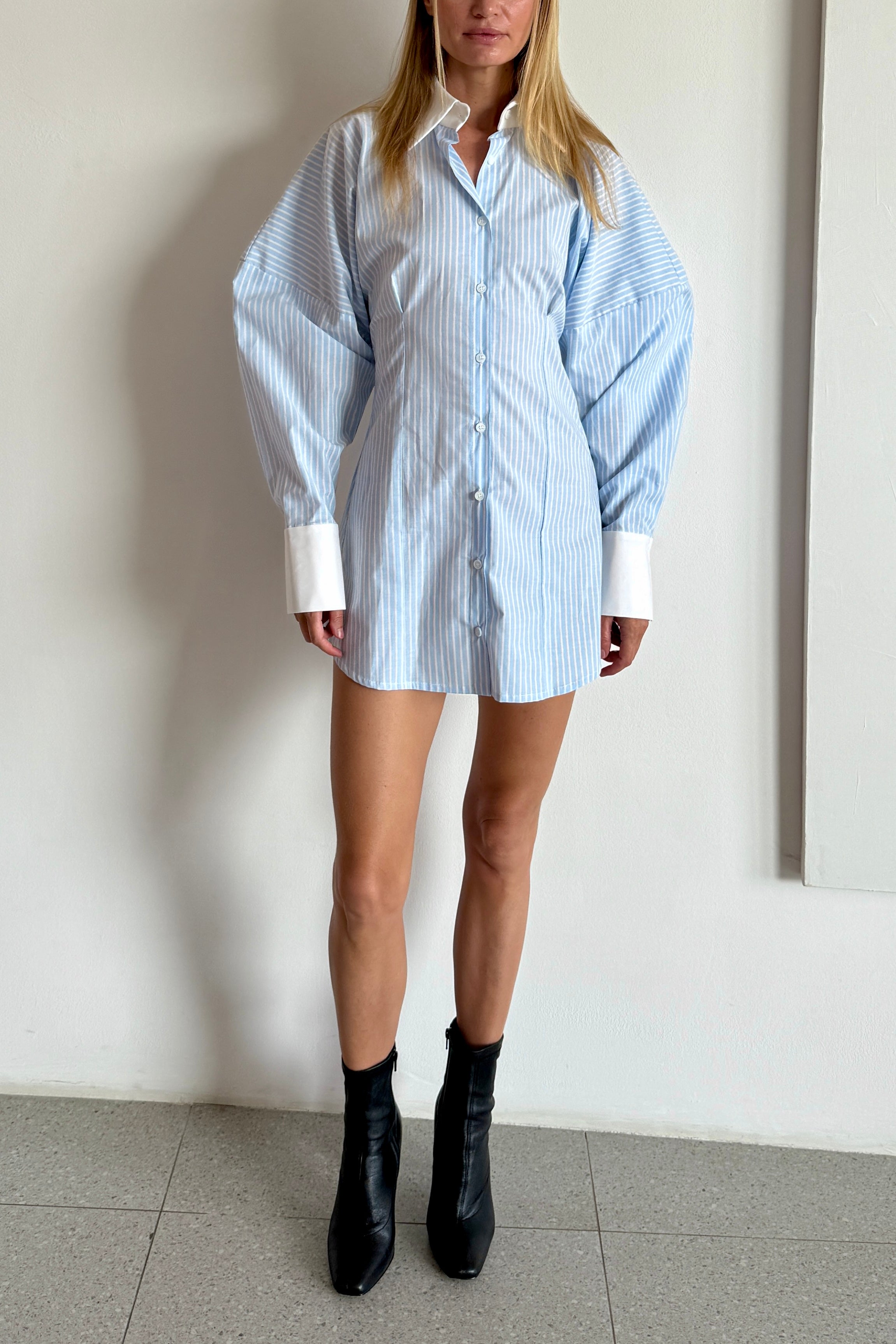 VOLUME SLEEVE SHIRT DRESS in BABY BLUE STRIPE