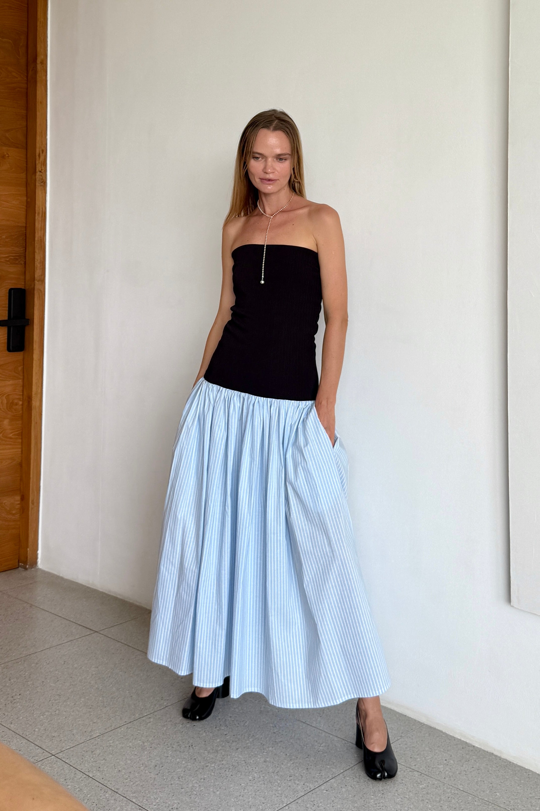 MAXI GATHERED DRESS in BLACK/BABY BLUE STRIPE