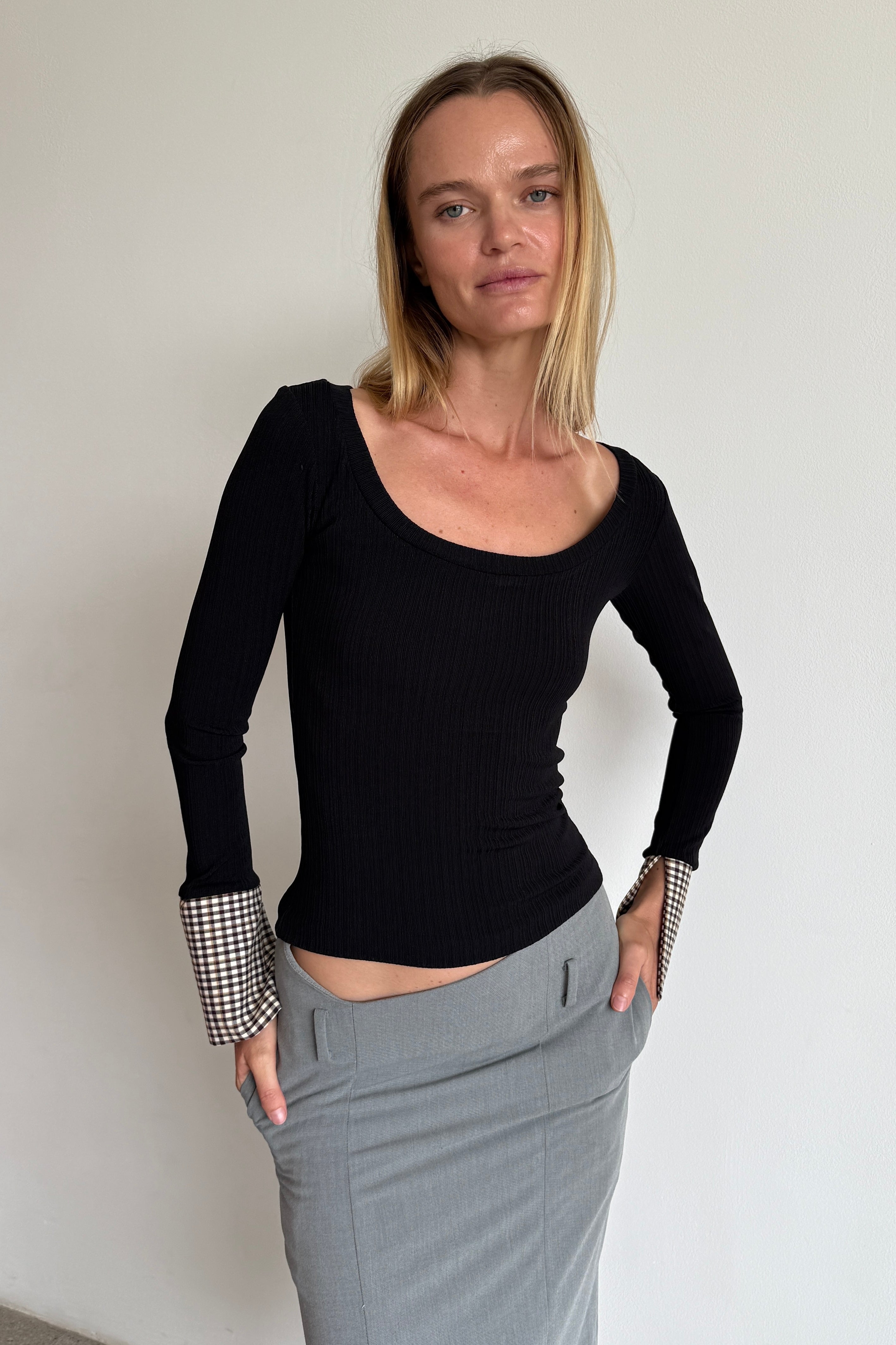 CONTRAST GINGHAM CUFF TOP