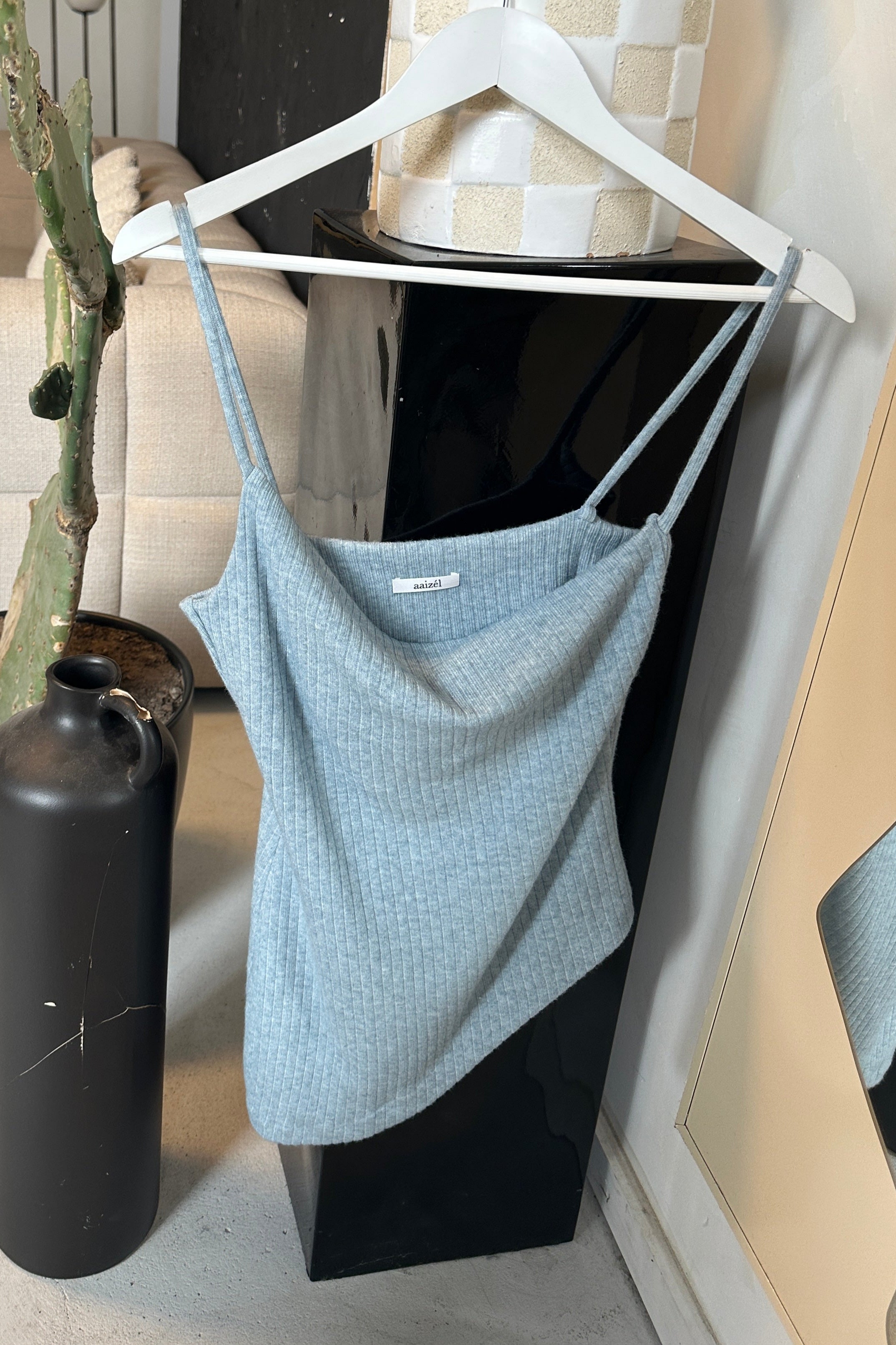 ASYMMETRIC COWL NECK TOP in CHAMBRAY
