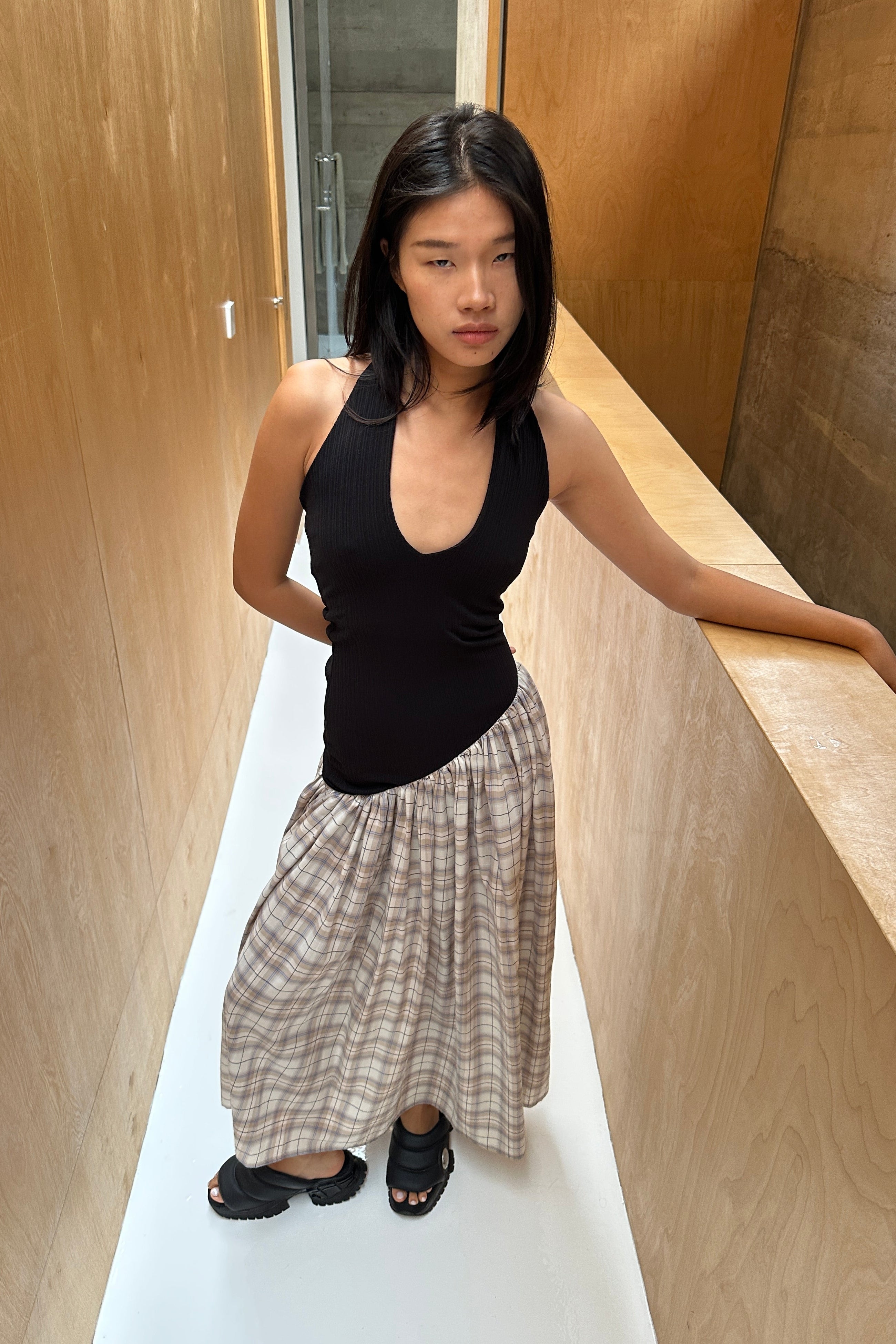 ASYMMETRIC HALTER DRESS in BLACK/PLAID