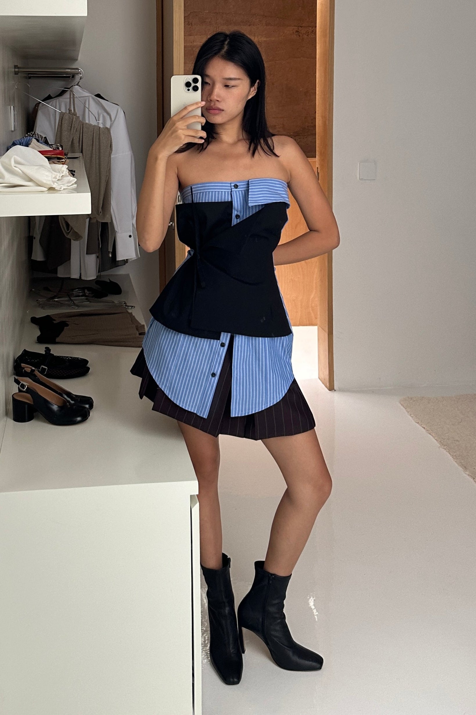 DECONSTRUCTED WRAP SHIRT TOP in BLUE STRIPE/BLACK