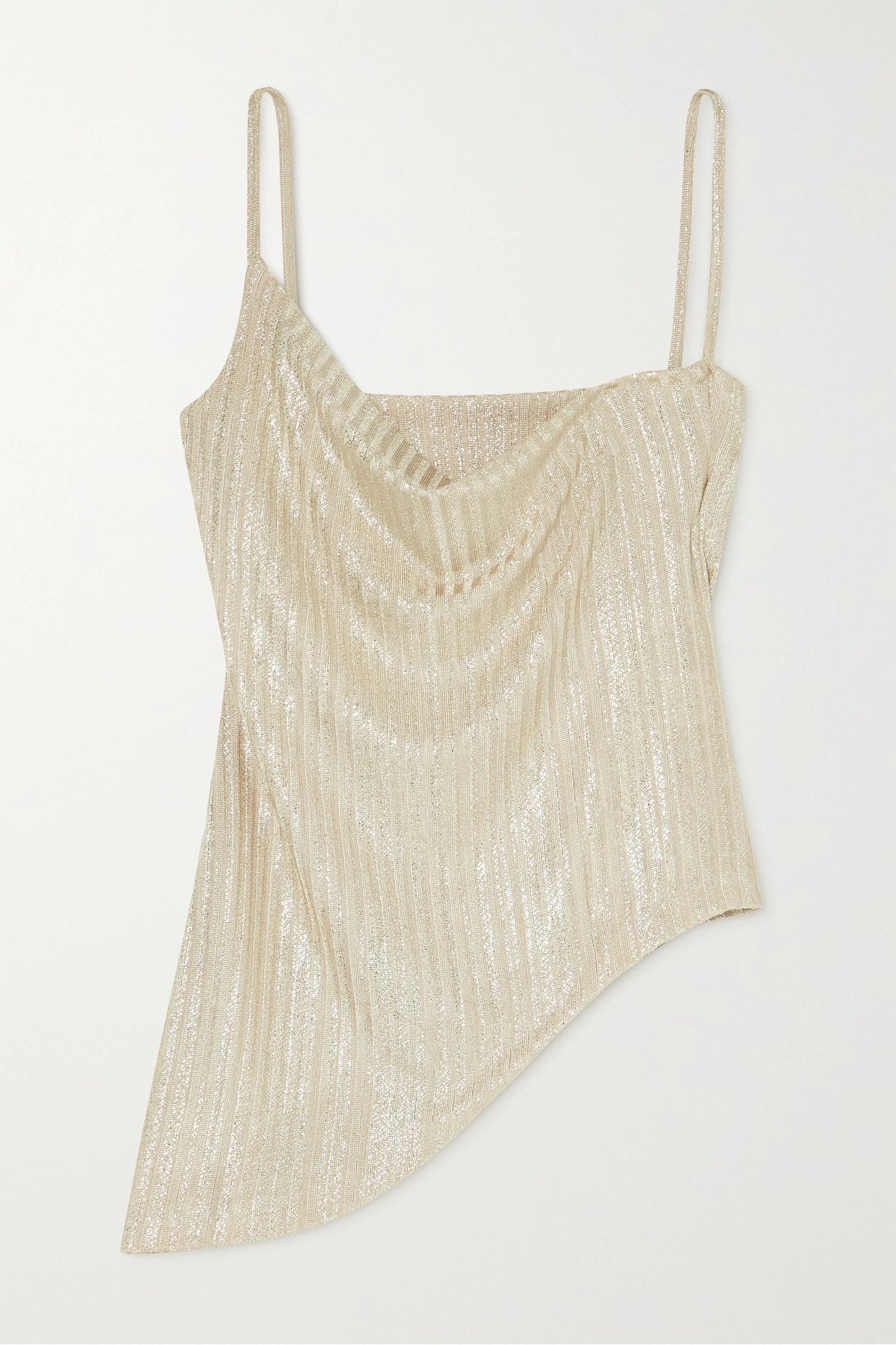 Flat lay of champagne shimmer cowl neck top, with asymmetric hem and spaghetti straps.