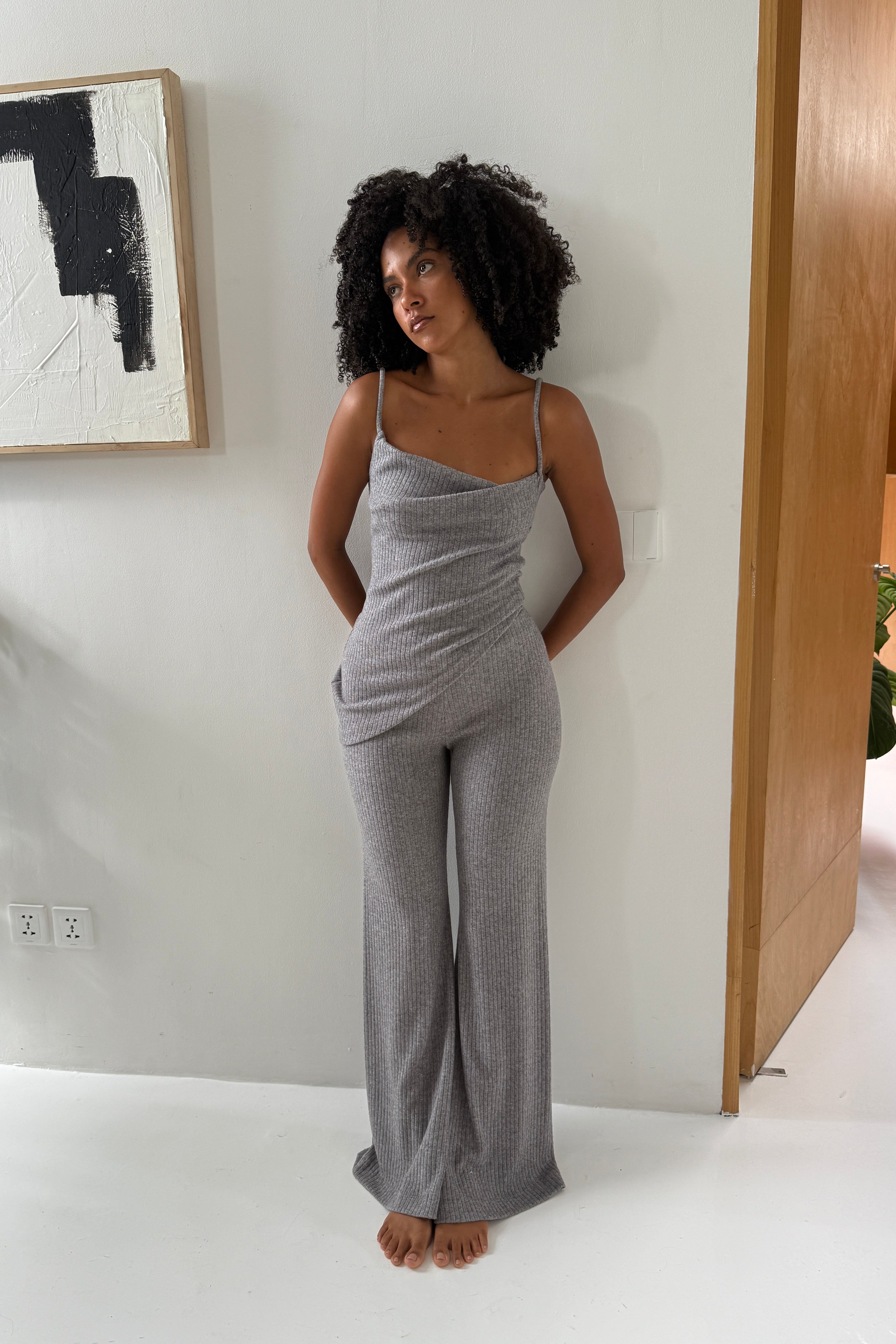 WIDE LEG RIB KNIT PANT in MARL GREY