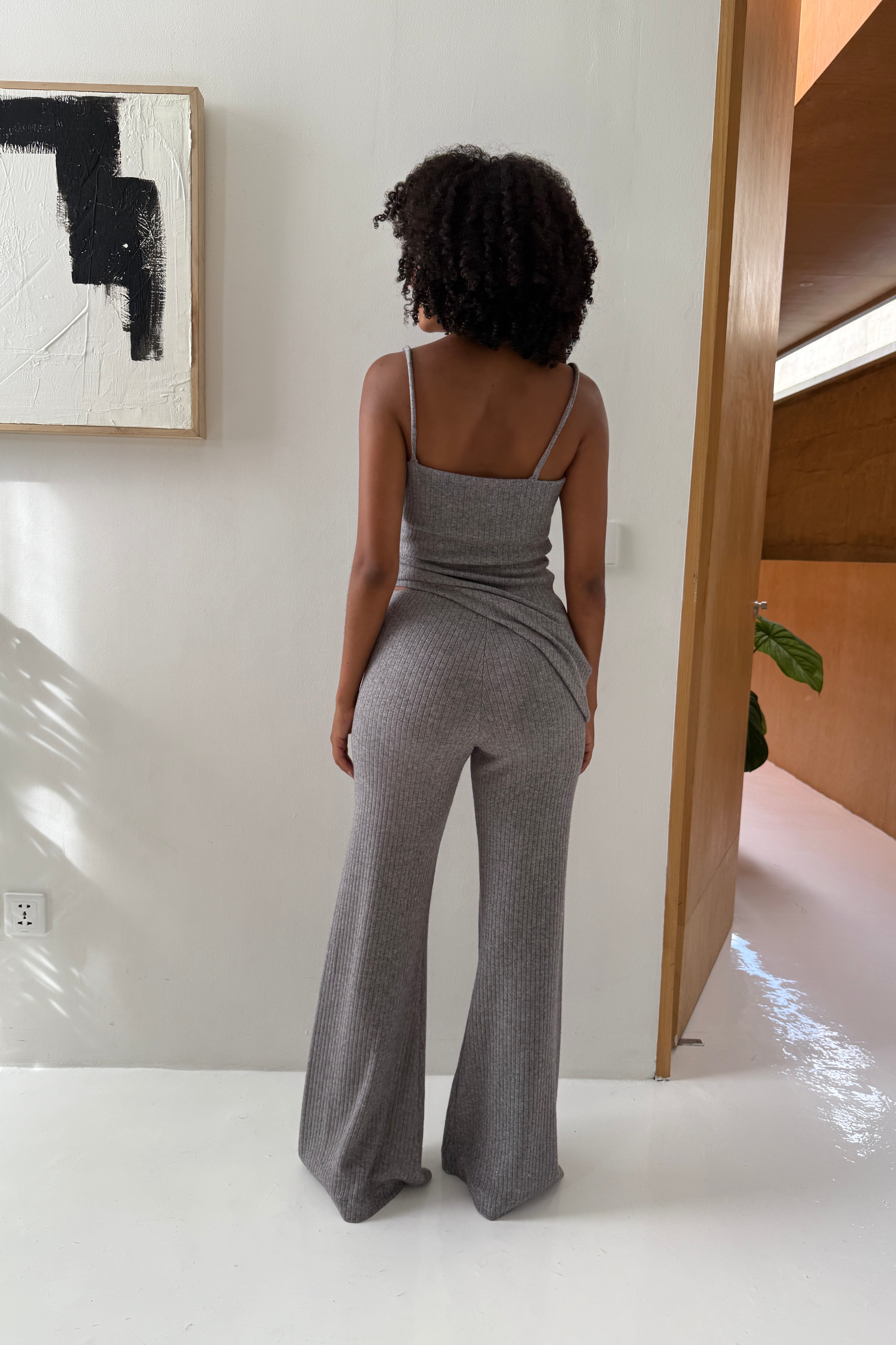 WIDE LEG RIB KNIT PANT in MARL GREY