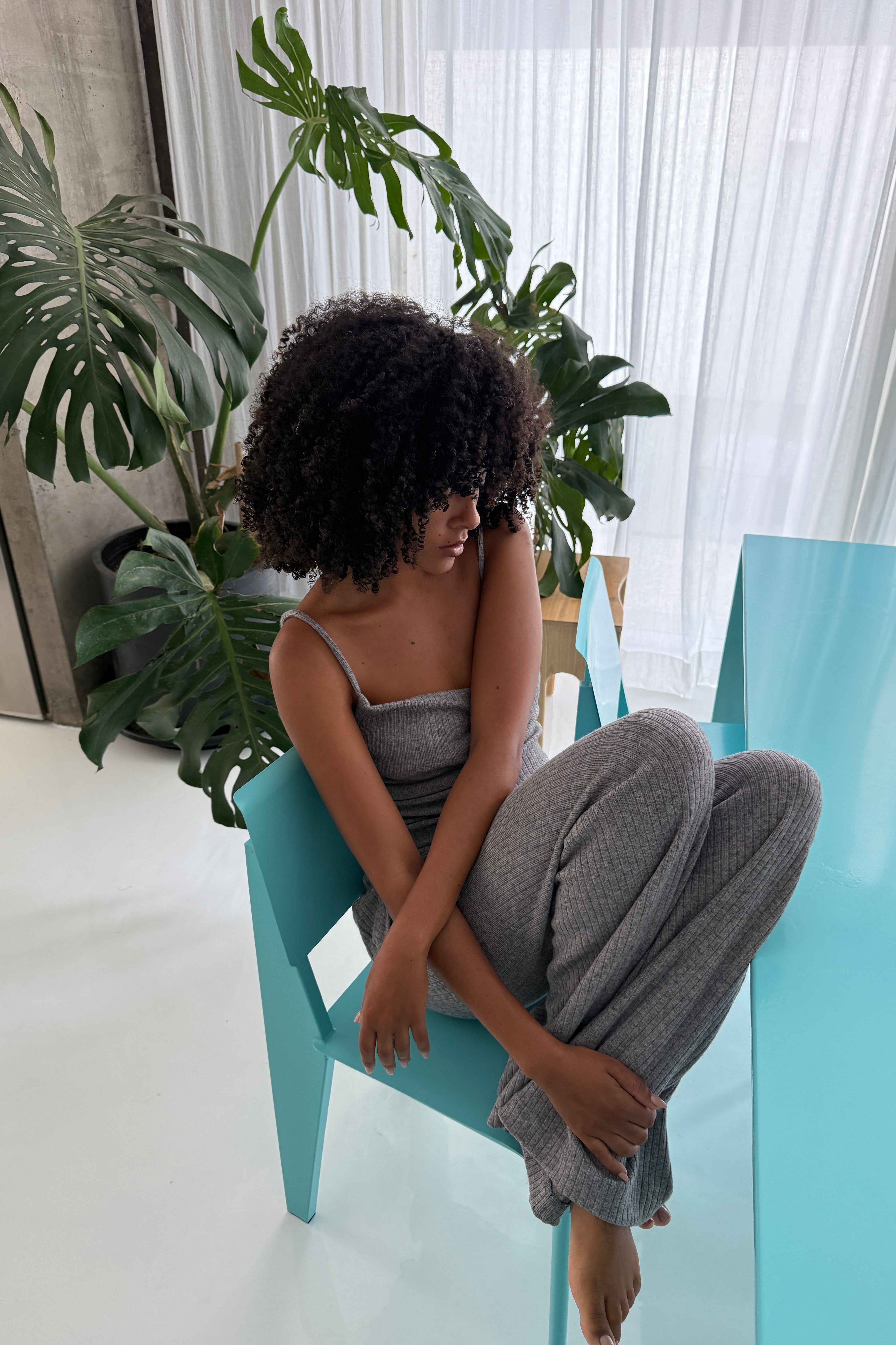 WIDE LEG RIB KNIT PANT in MARL GREY