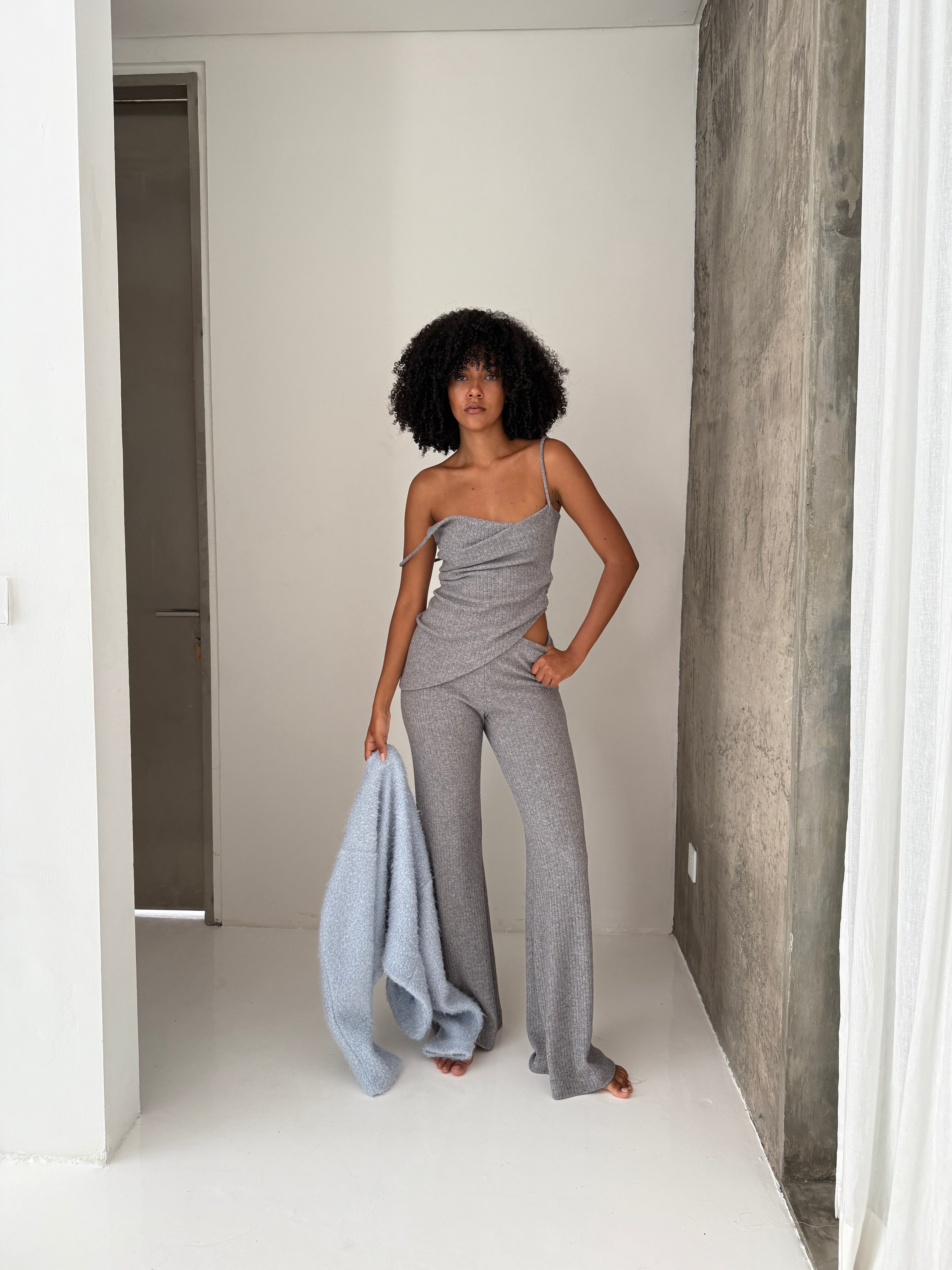 ASYMMETRIC COWL NECK TOP in MARL GREY