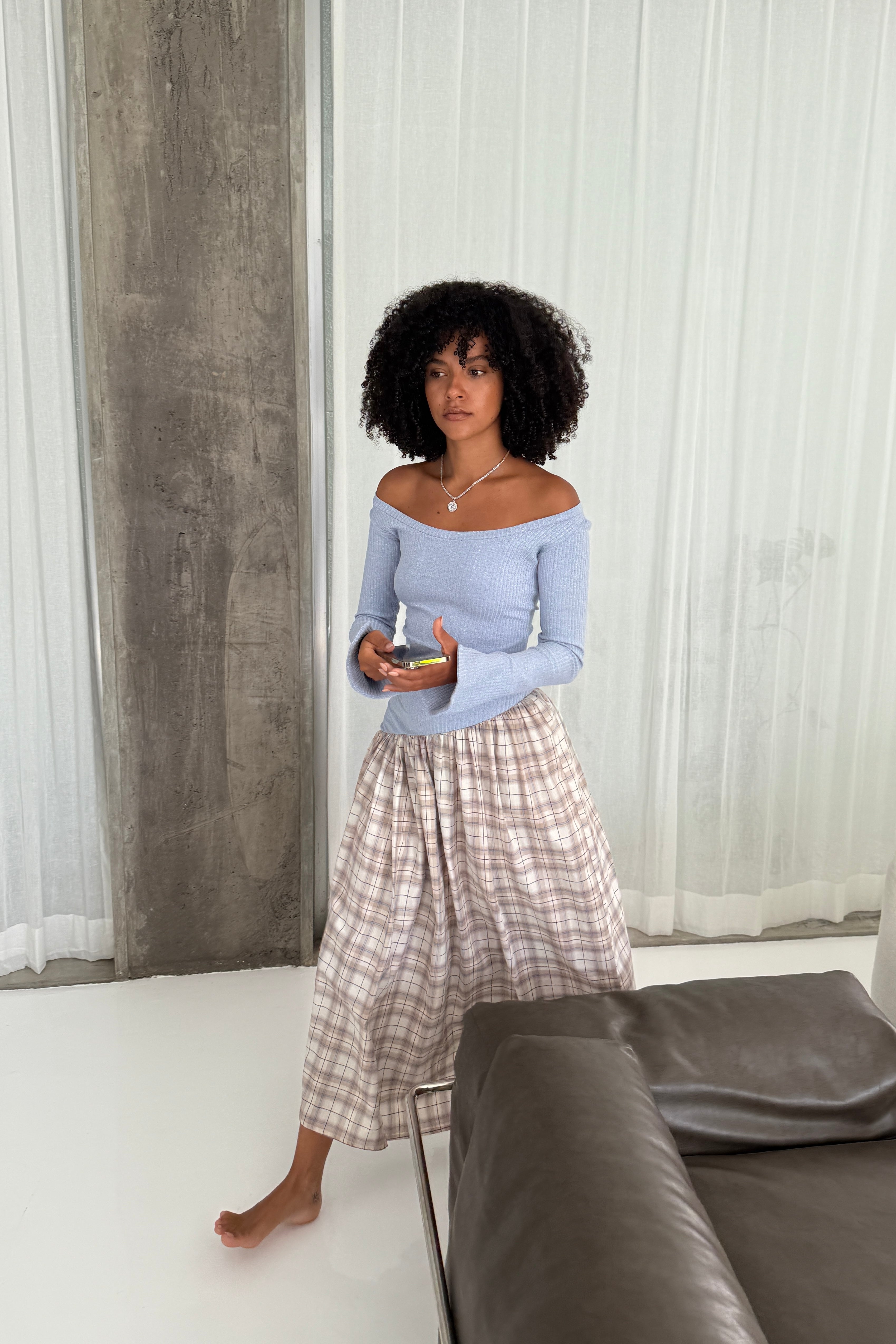 LONG SLEEVE ASYMMETRIC GATHER DRESS in BABY BLUE/PLAID