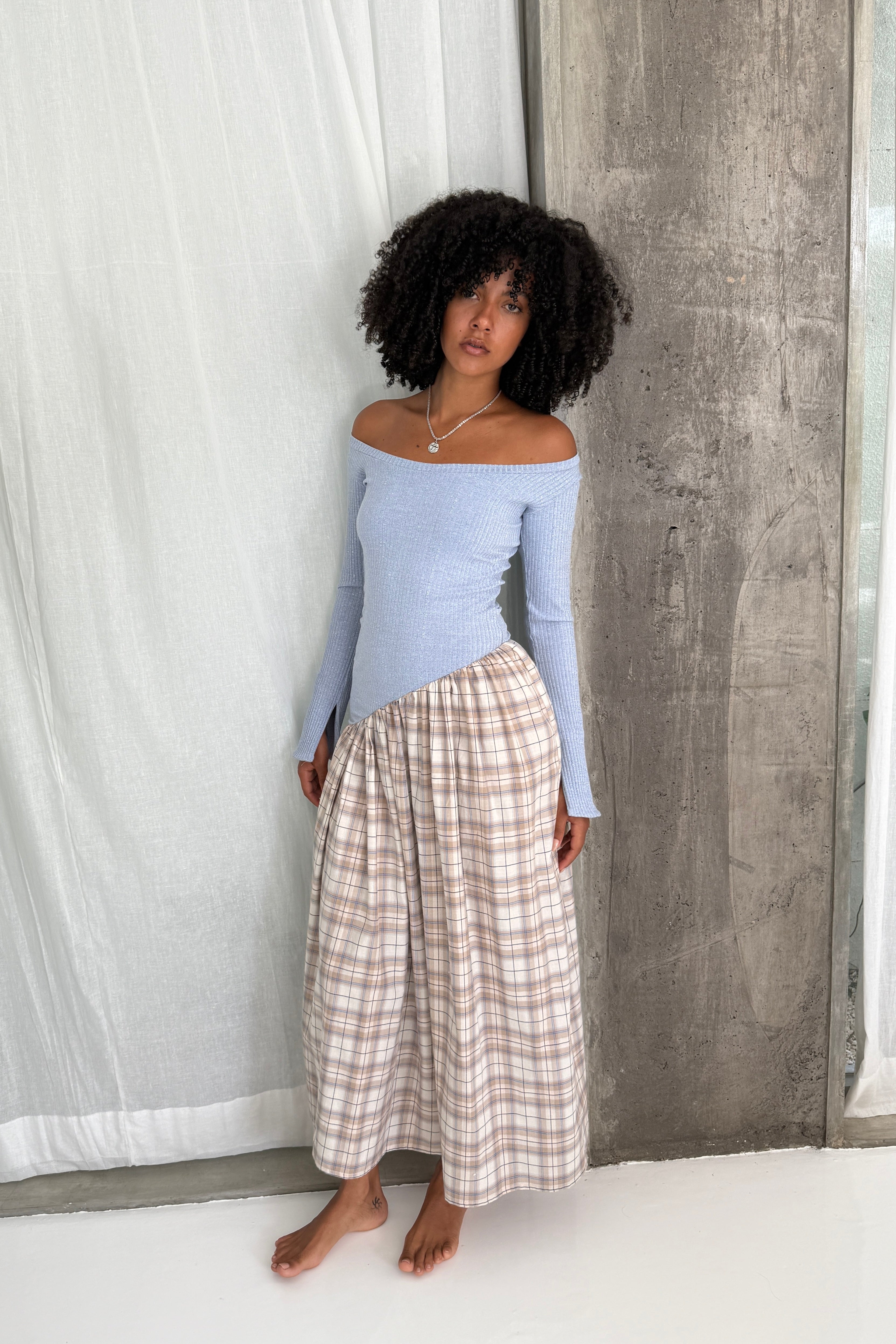 LONG SLEEVE ASYMMETRIC GATHER DRESS in BABY BLUE/PLAID