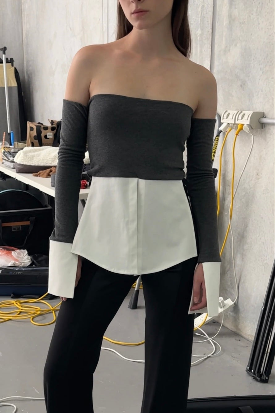 OFF SHOULDER CONTRAST CUFF SHIRT TOP in CHARCOAL/WHITE