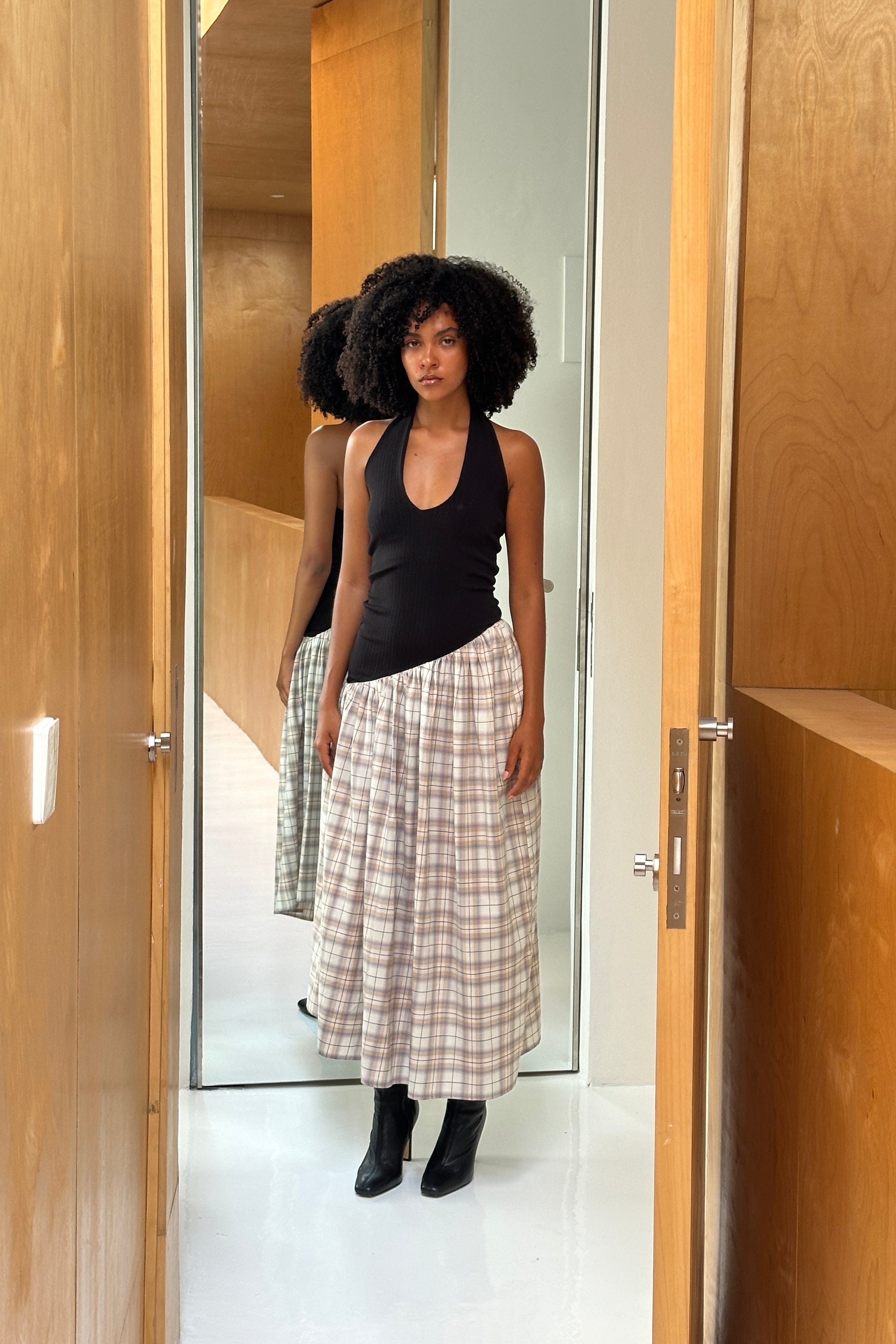 ASYMMETRIC HALTER DRESS in BLACK/PLAID