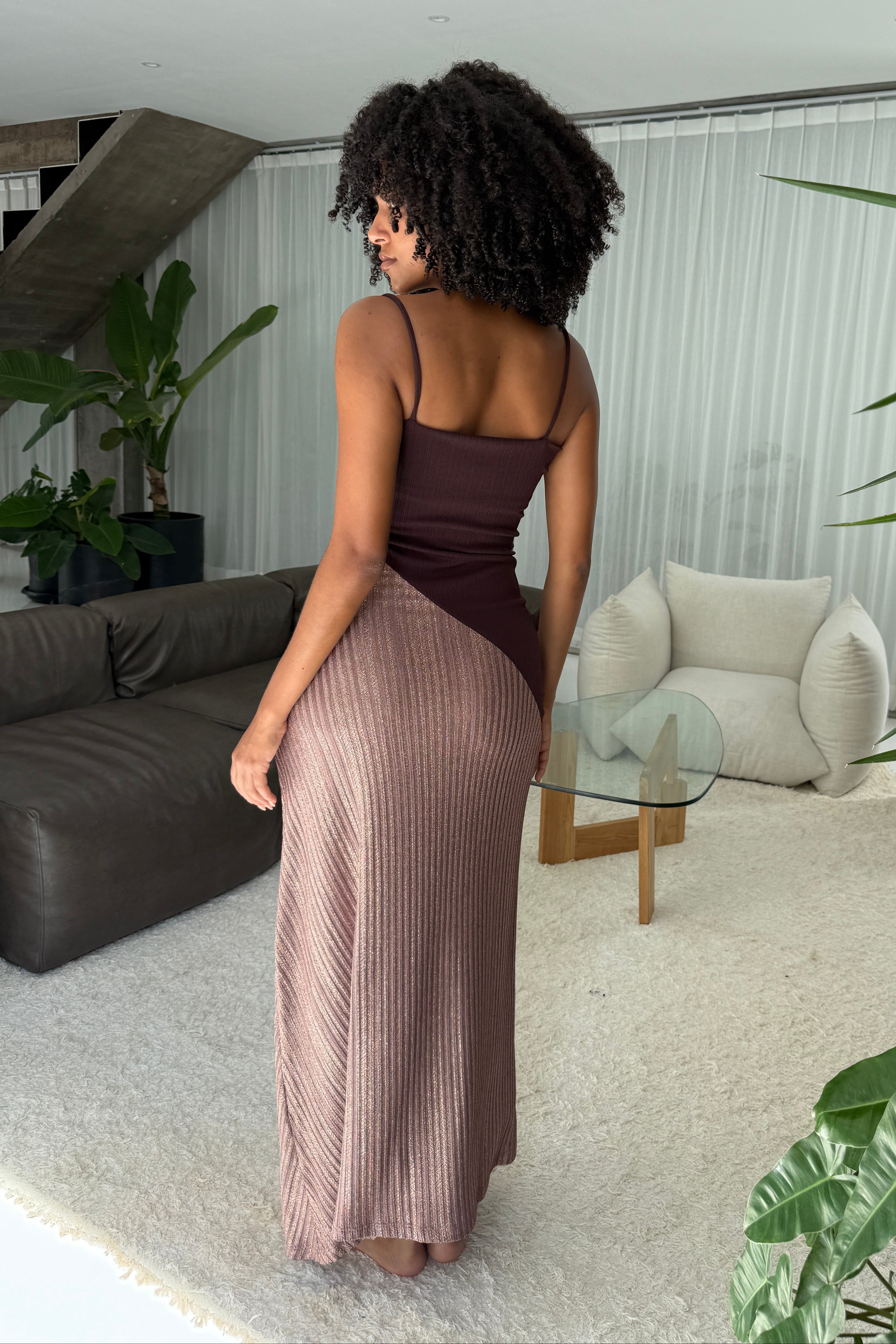 DRAPED TWO TONE ASYMMETRIC CONTRAST KNIT DRESS in BROWN/TOFFEE SHIMMER