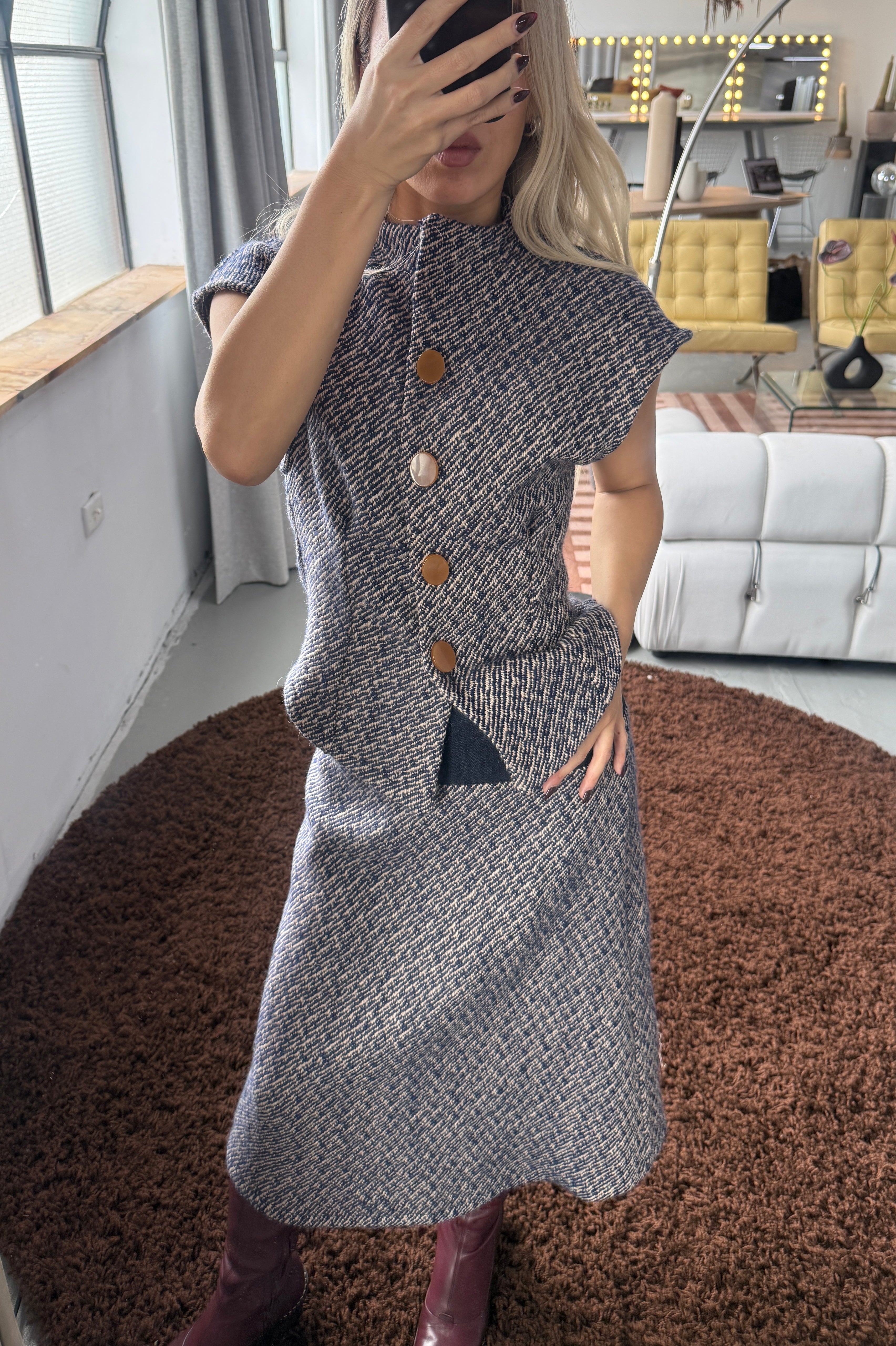 HANA JAPANESE WOOL BOUCLÉ CAP SLEEVE JACKET in NAVY