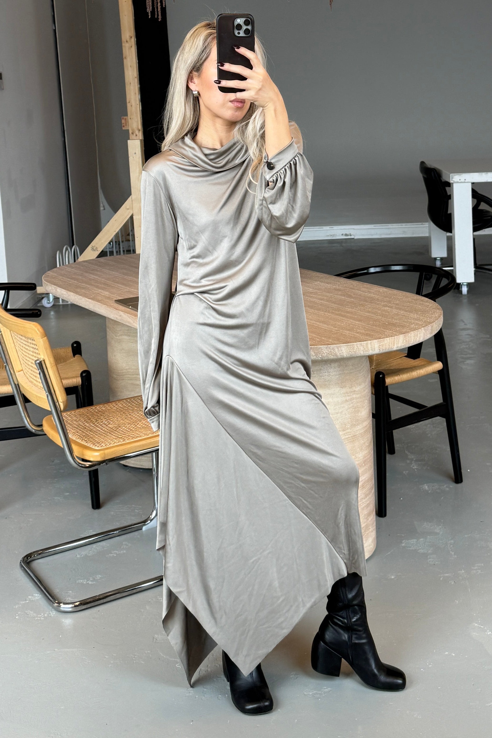 ANYA DRAPED BELL SLEEVE LONG DRESS in PEWTER