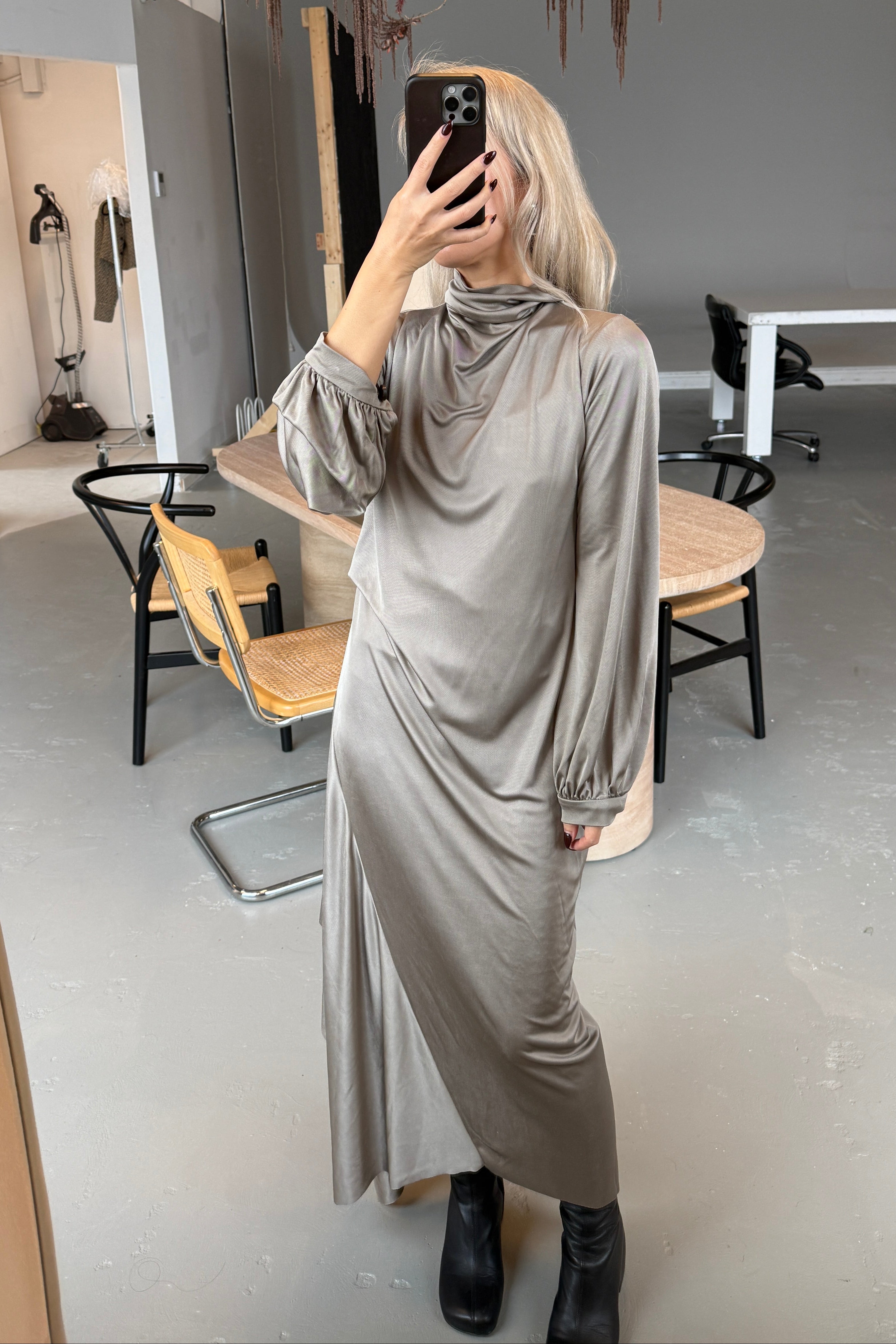 ANYA DRAPED BELL SLEEVE LONG DRESS in PEWTER