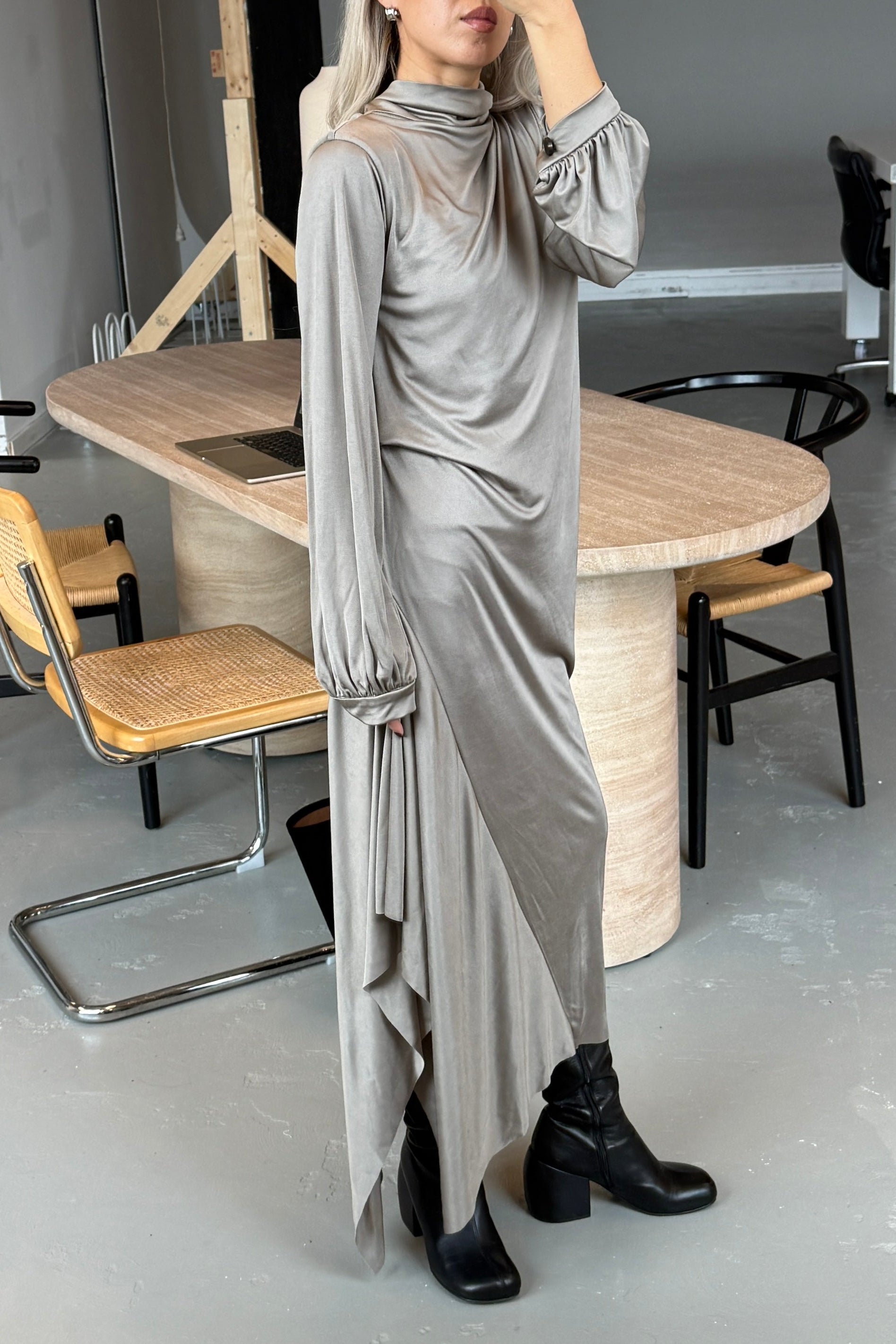 ANYA DRAPED BELL SLEEVE LONG DRESS in PEWTER
