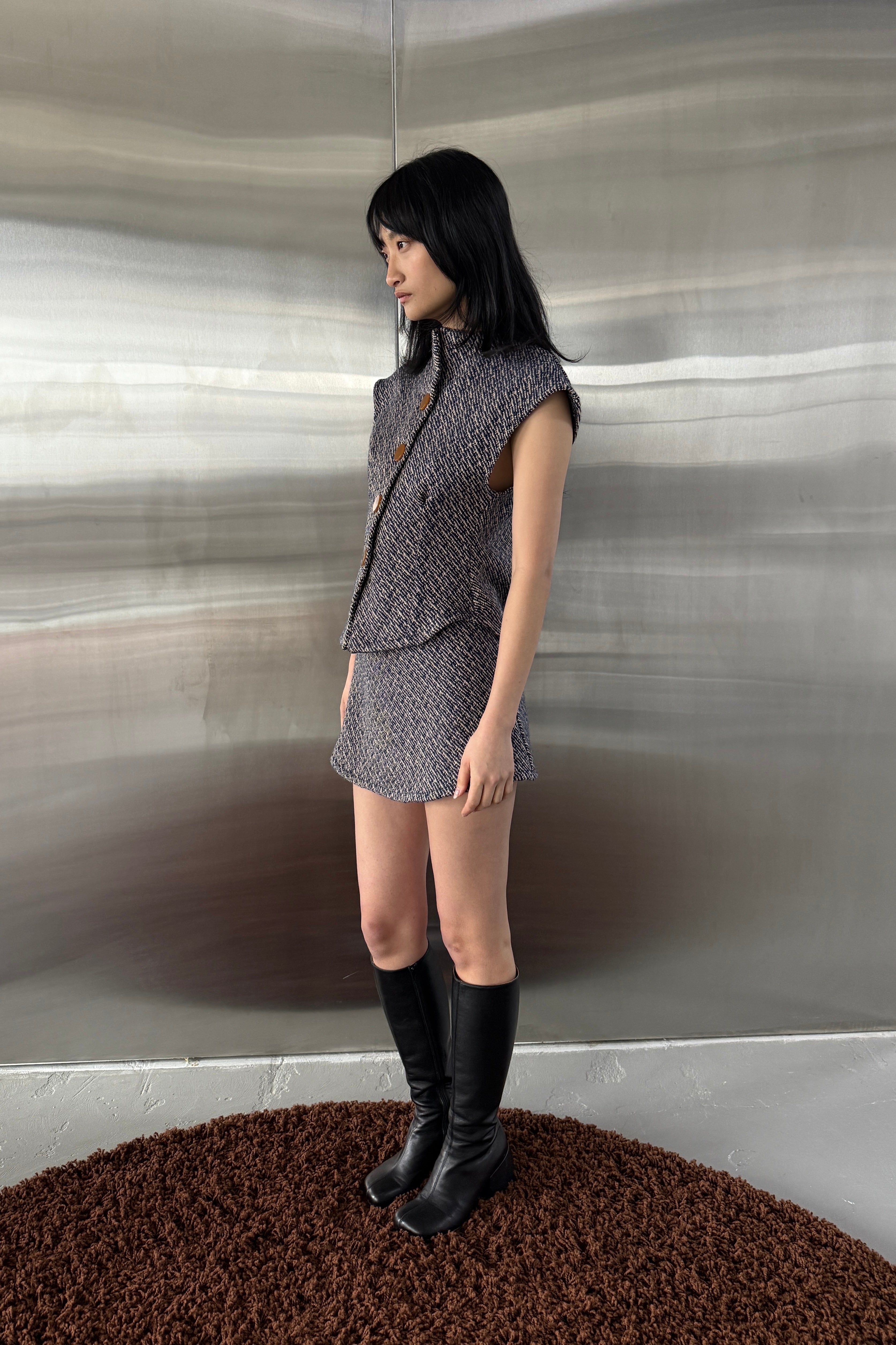 HANA JAPANESE WOOL BOUCLÉ CAP SLEEVE JACKET in NAVY
