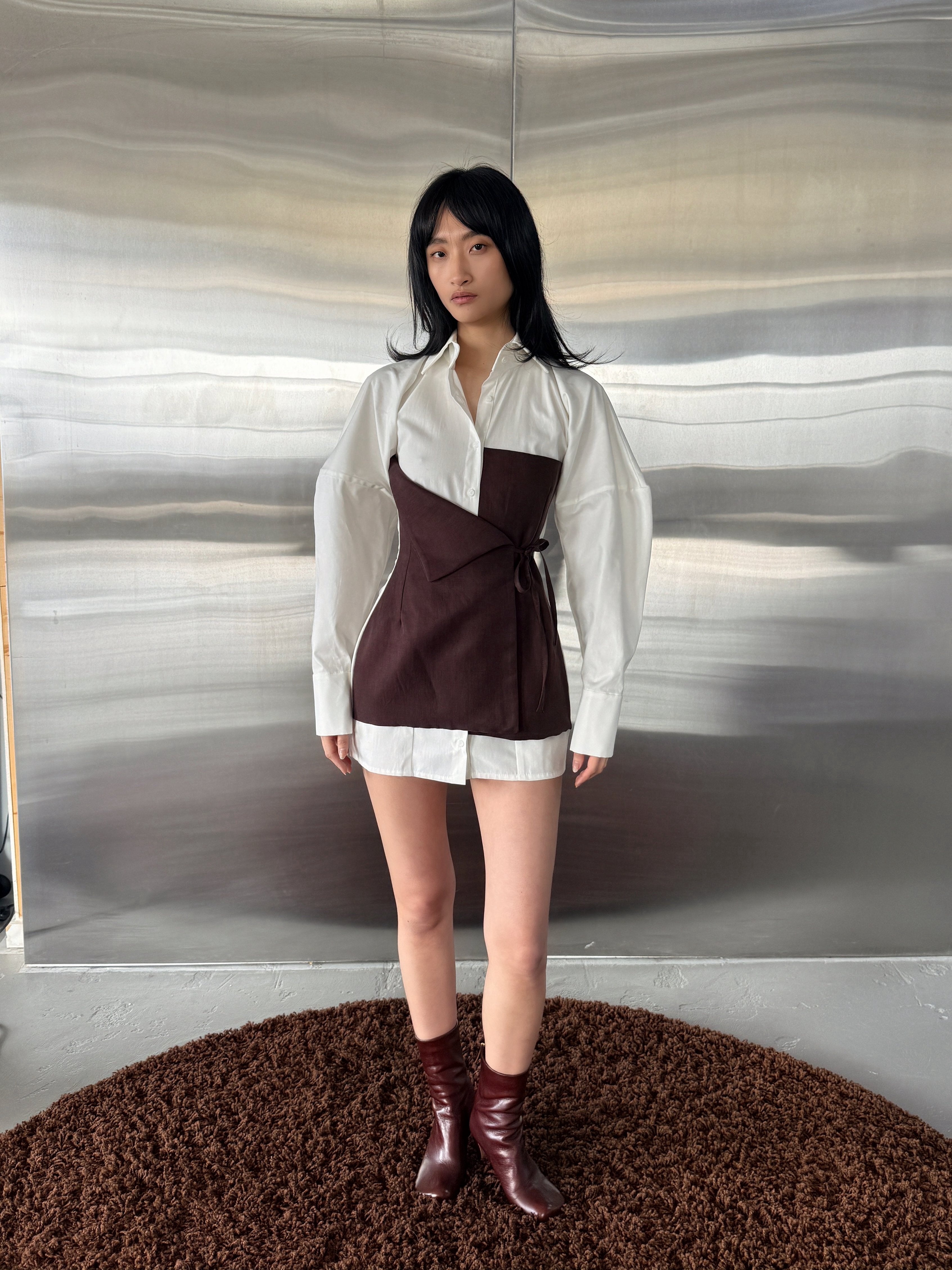 VOLUME SLEEVE DECONSTRUCTED WRAP SHIRT DRESS