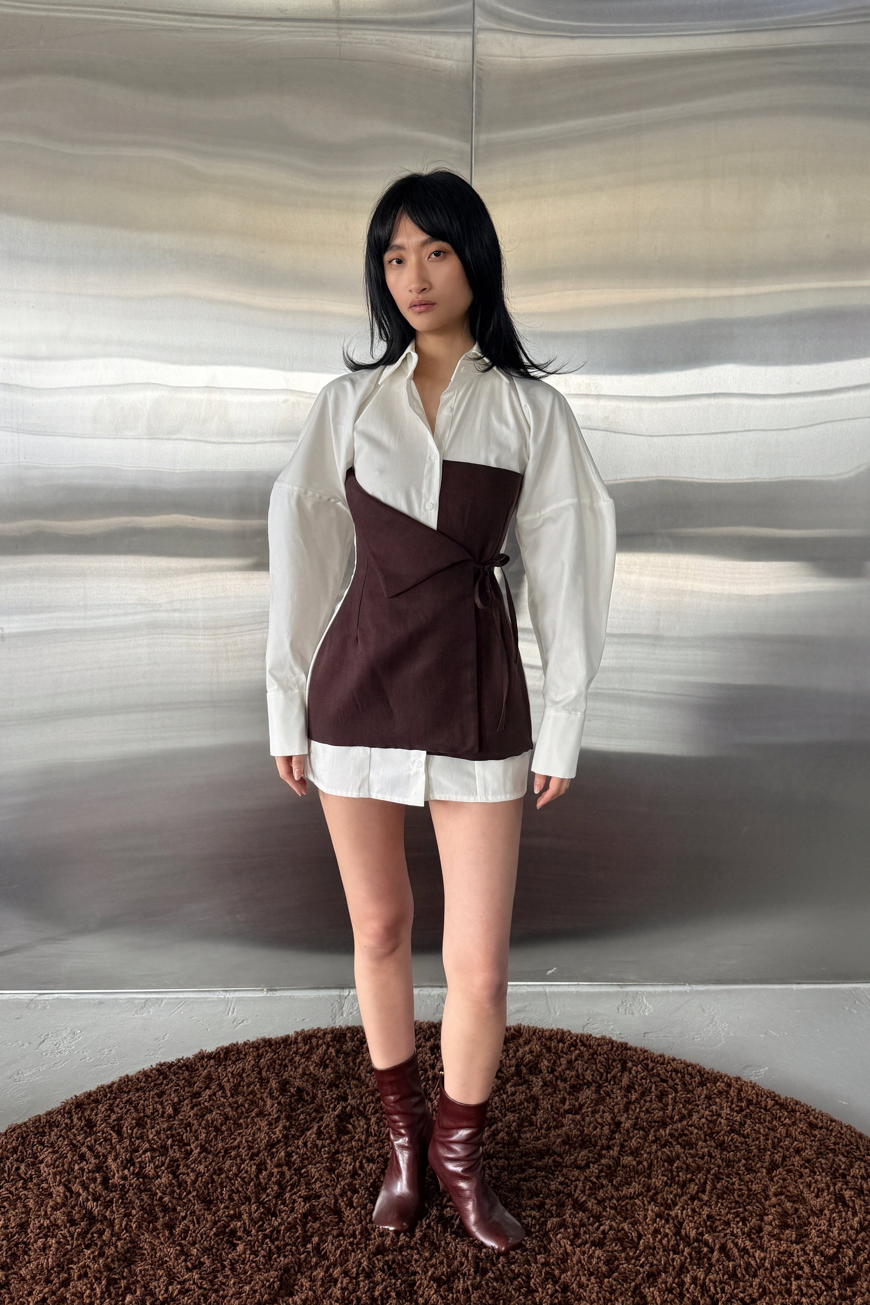 VOLUME SLEEVE DECONSTRUCTED WRAP SHIRT DRESS