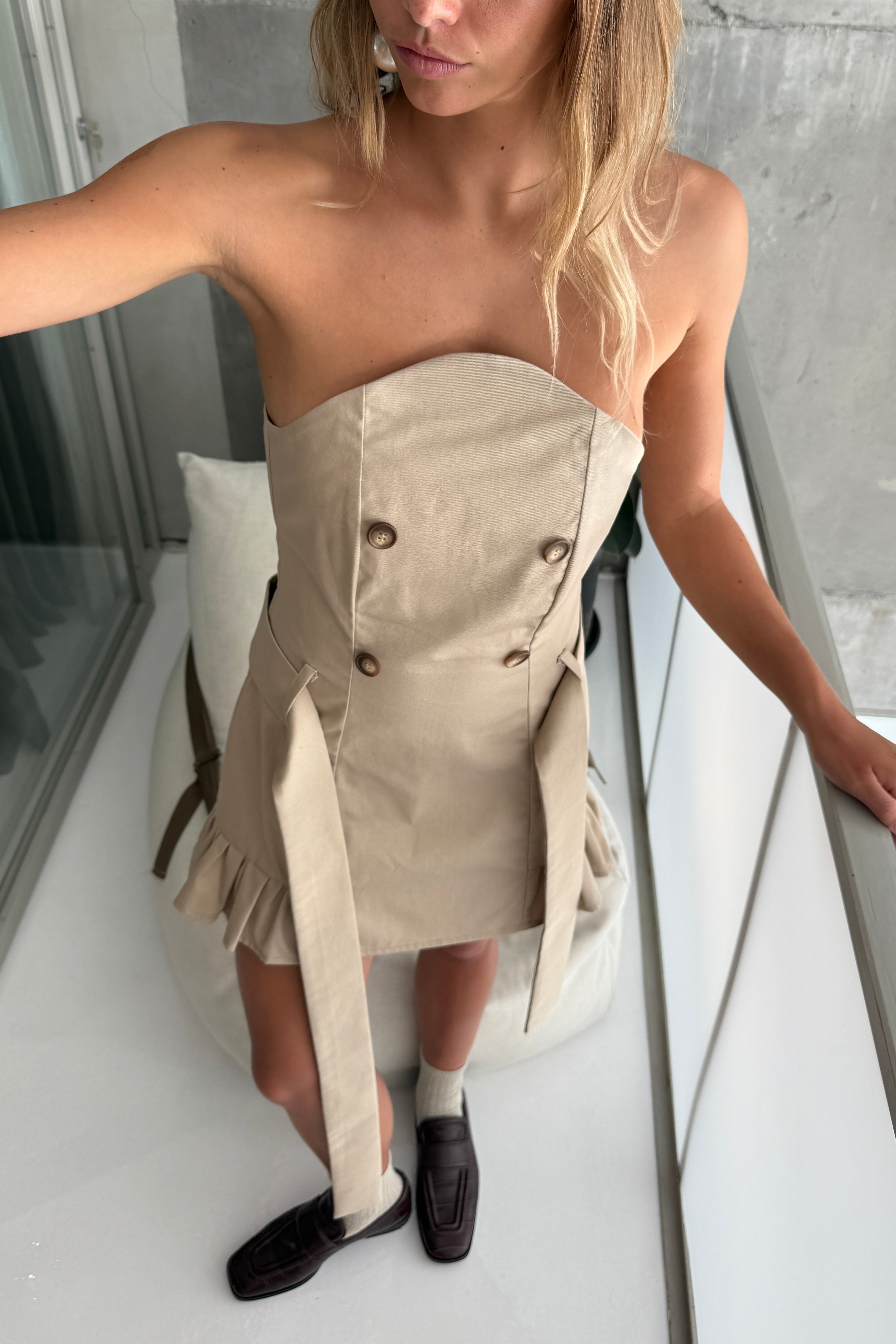 HALFMOON TAILORED RUFFLE MINI DRESS WITH SASH in SAND