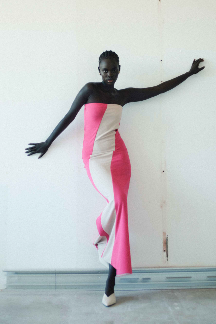 DIAGONAL TWO TONE MAXI DRESS in HOT PINK/BLUSH