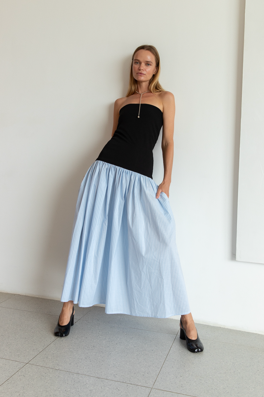 MAXI GATHERED DRESS in BLACK/BABY BLUE STRIPE
